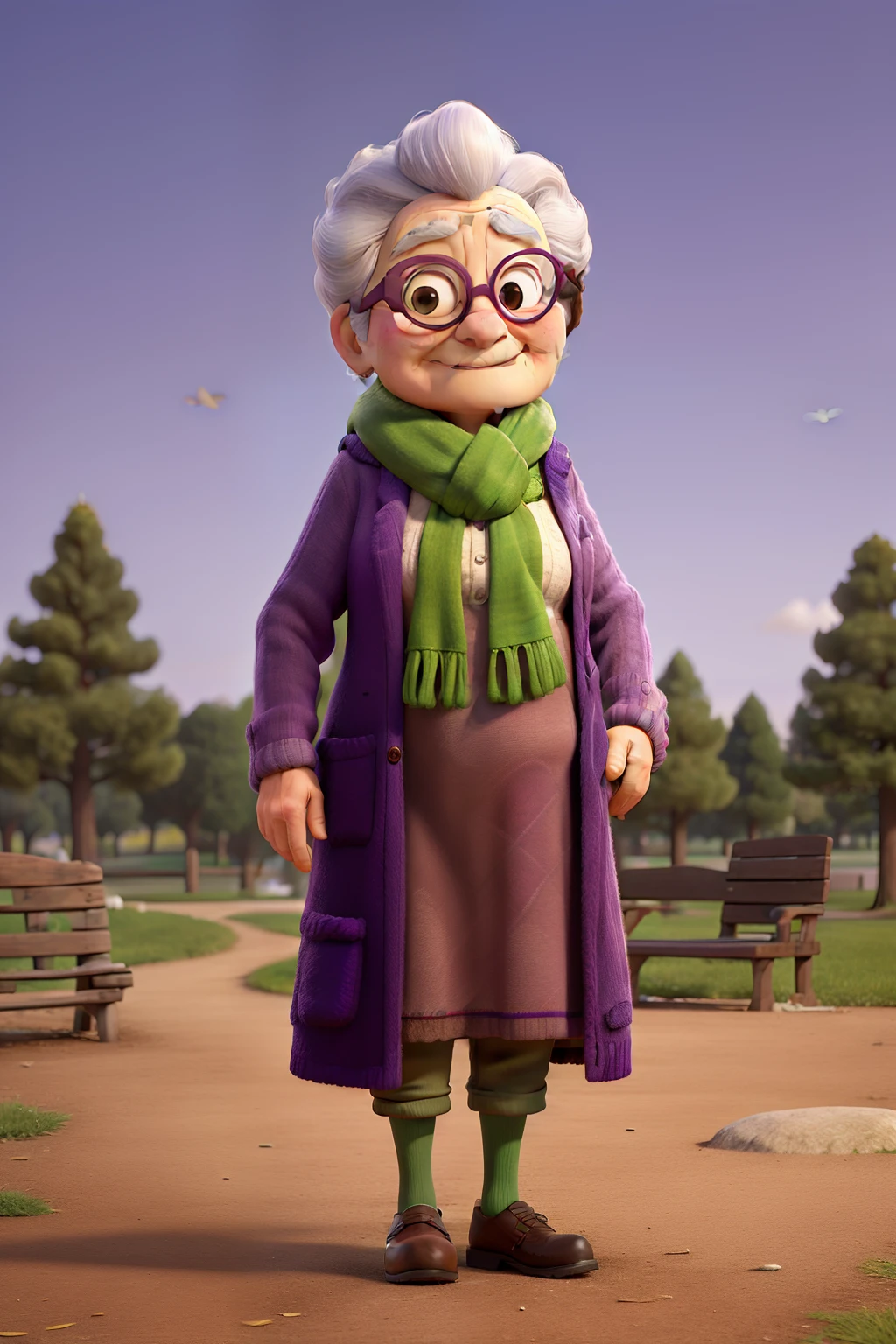 masterpiece, best quality, an old woman with glasses and a scarf on, wearing a purple coat and green scarf, standing at the park