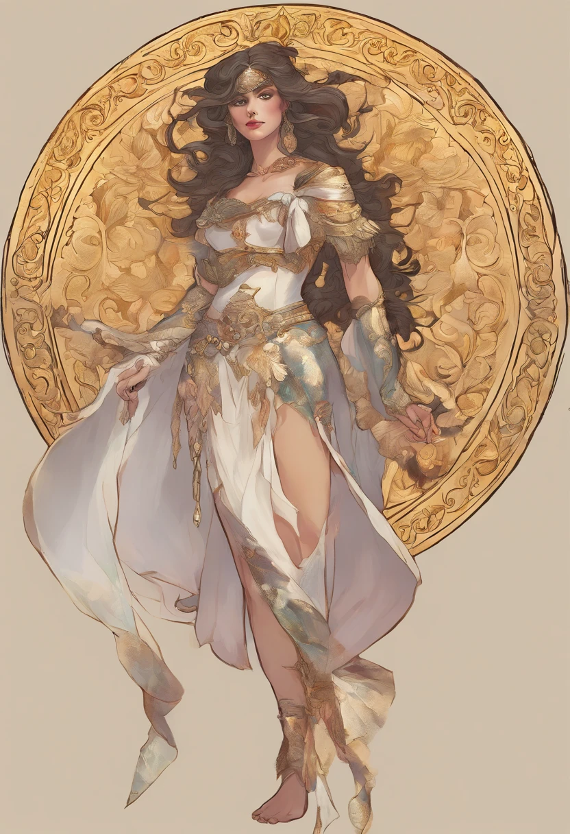 (tiro de corpo inteiro: 1:1) alta qualidade, altamente detalhado, Estilo: Illustration inspired by the art of Joe Benitez and Frank Frazetta, blending retro-Victorian steam punk aesthetics with Frazetta's dynamic and epic fantasy style. Mulher bonita, de pele clara, 18 anos, altura mediana, corpo tonificado, seios pequenos, muitas cicatrizes, pose de guerreira, red-lips, armadura completa. Exudes a slight iridescence, giving the impression that she is shrouded in an ever-changing veil of darkness. Her hair is a golden cascade dyed, apparently woven from the sun's own light, ondas sedutoras e brilhantes. Her eyes are turquoise with a golden hoop wrapped around her. Sombra intensa de ametista.