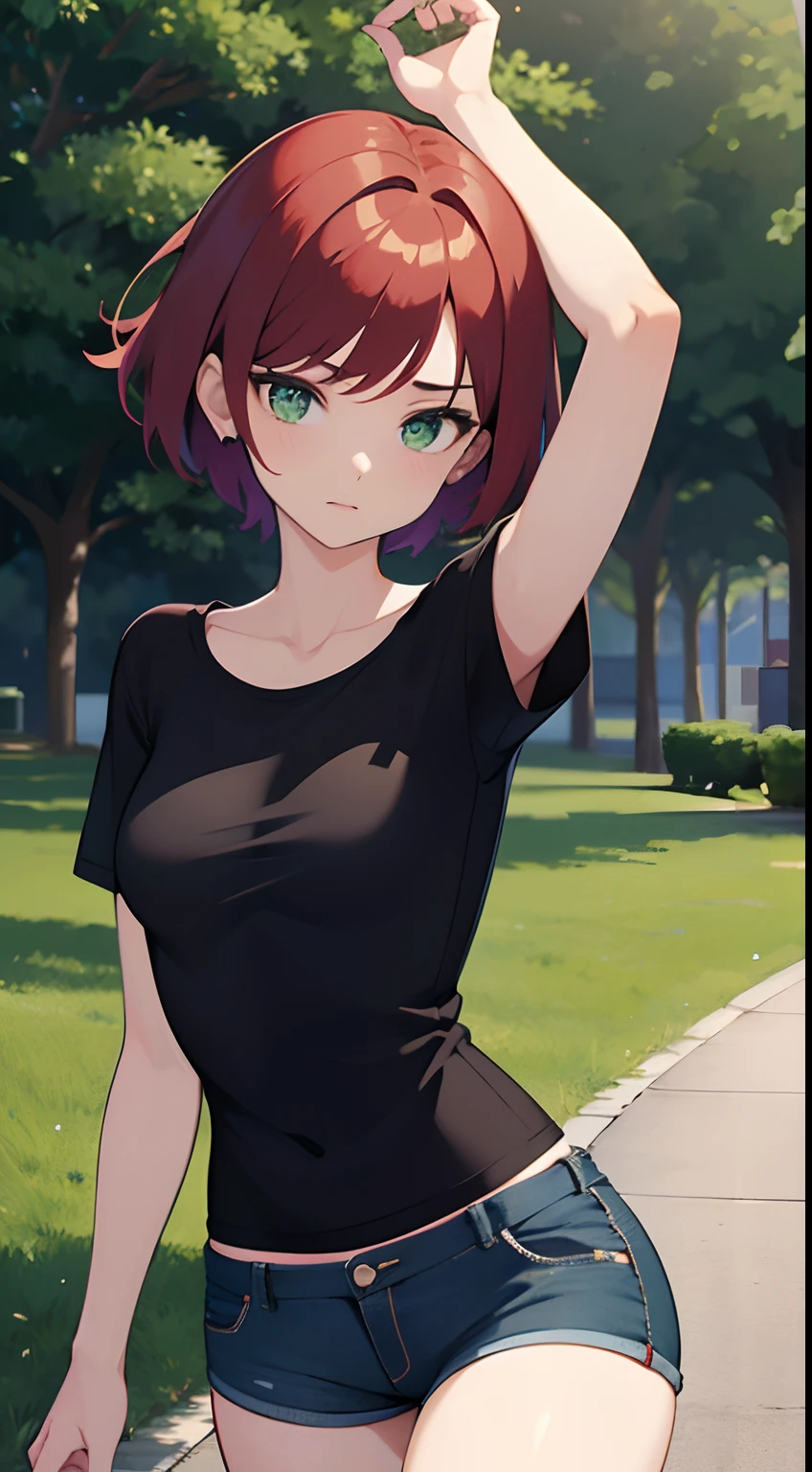 a 1girl, Green eyes, Skinny, Short, black t-shirt, blue shorts, redhead hair, Short Hair Hair, Beautiful figure, beatiful face, 18 years.