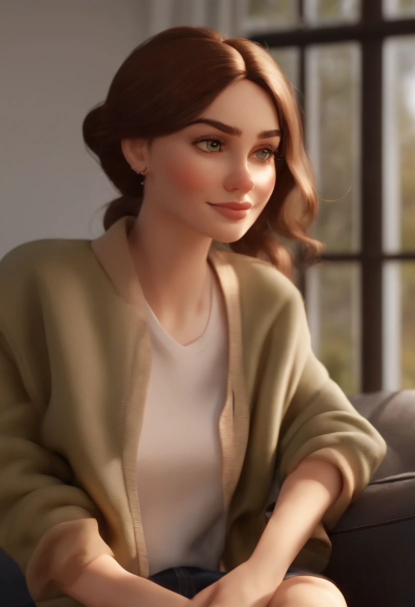 Personagem de desenho animado de uma adolescente, pele branca, cabelos lisos e castanhos, vestida com uma camisa branca e short jeans, sem sapatos, sitting on the couch in the living room, comendo chocolate, animation character, Caractere estilizado, animation style rendering, 3D estilizado, Personagem 3D, 3d rendering stylized, personagem de desenho animado, Personagem de close up, Pose de personagem, (Estilo Pixar) (master part:1.2) (Bokeh) (best quality) (pele detalhada) (textura detalhada) (8k) (argila) ( cinematic lighthing) (foco nítido