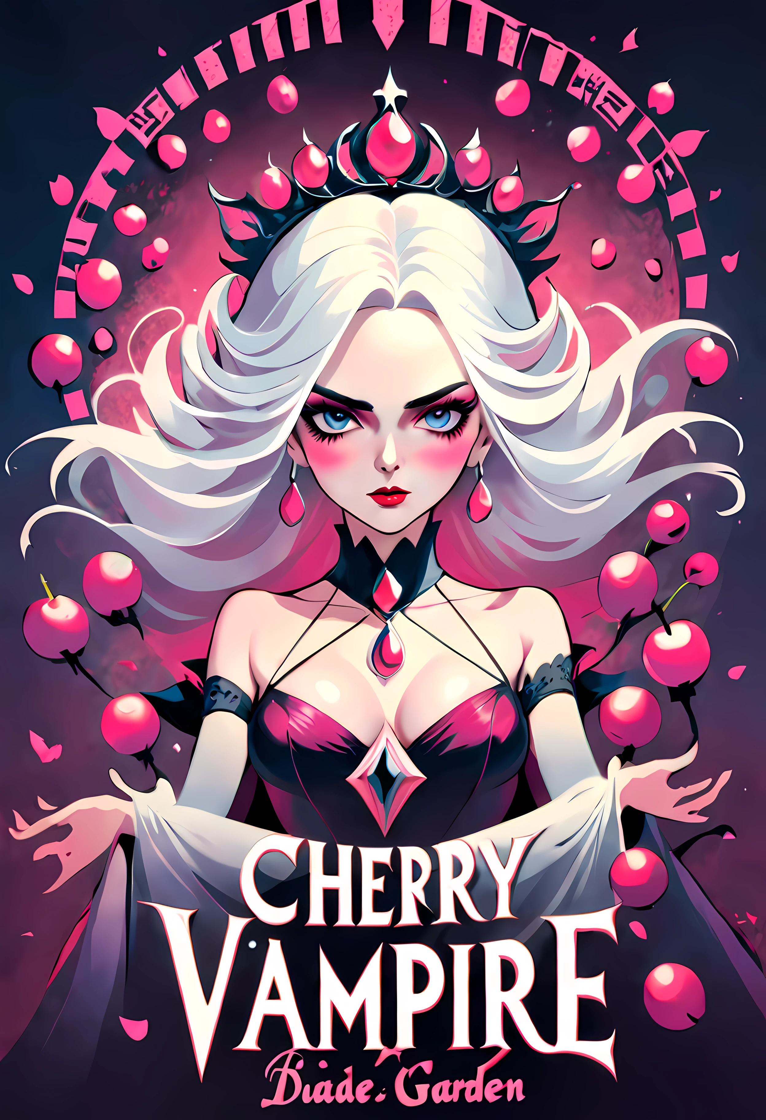 Movie Poster - poster of a movie with the big ((title "Cherry")), a stunning vampire queen exuding elegance and power positioned at the center of the poster, vivid eyes captivating and piercing drawing viewers into her mysterious allure, long flowing white hair cascading down her shoulders adding to her ethereal beauty, an (elegant tiara) adorning her head symbolizing her regal status and authority, bats in the background hinting at the supernatural and enchanting world she inhabits, a romantic ambiance envelops the poster evoking a sense of forbidden love and passion, (((looking at the viewer))), ((summer castle garden behind the vampire)), (falling pink petals)