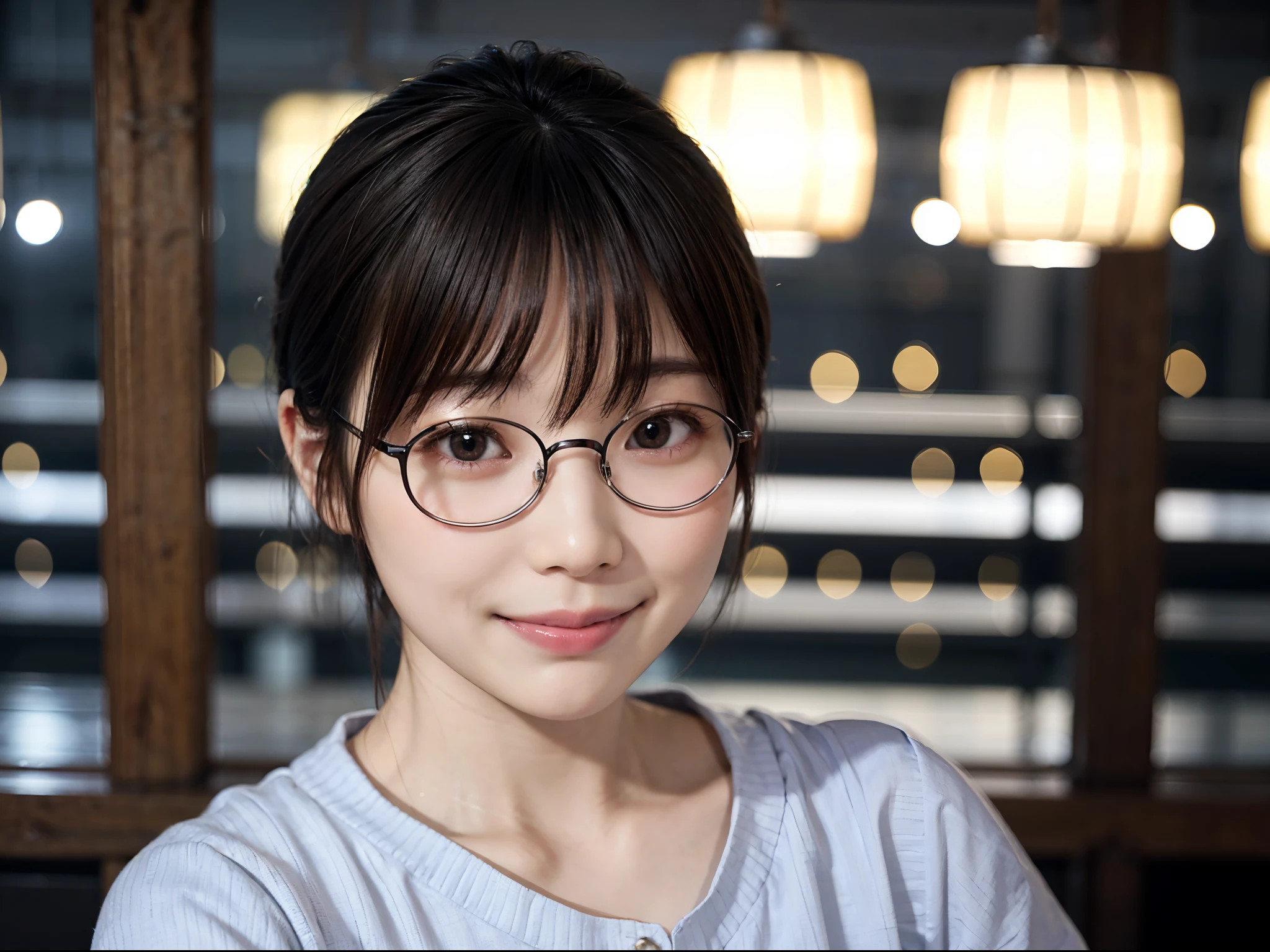 Japan girls in casual clothes、Watch your audience、Tokyo cityscape at night、(top-quality、Master masterpiece)))、HD fine、ighly detailed、Master masterpiece、电影灯光、(8K、top-quality、Master masterpiece:1.2)、(realisitic、Photorealsitic:1.37) Hi-Res、Super Detail、Woman with glasses、Silent look、Round glasses、Asian, cute little, Cute face, Solo, Short hair 1.2, Textured skin, Beautiful smile, Beautiful detailed night sky, night landscape, 电影灯光, depth of fields, Lens flare light、Dating、(blush nose)、、(Mouth closed)tiny chest、Beautiful eye for detail、(Sweaters:1.1)、(Short hair:1.2)、Floating hair Nova frog style、