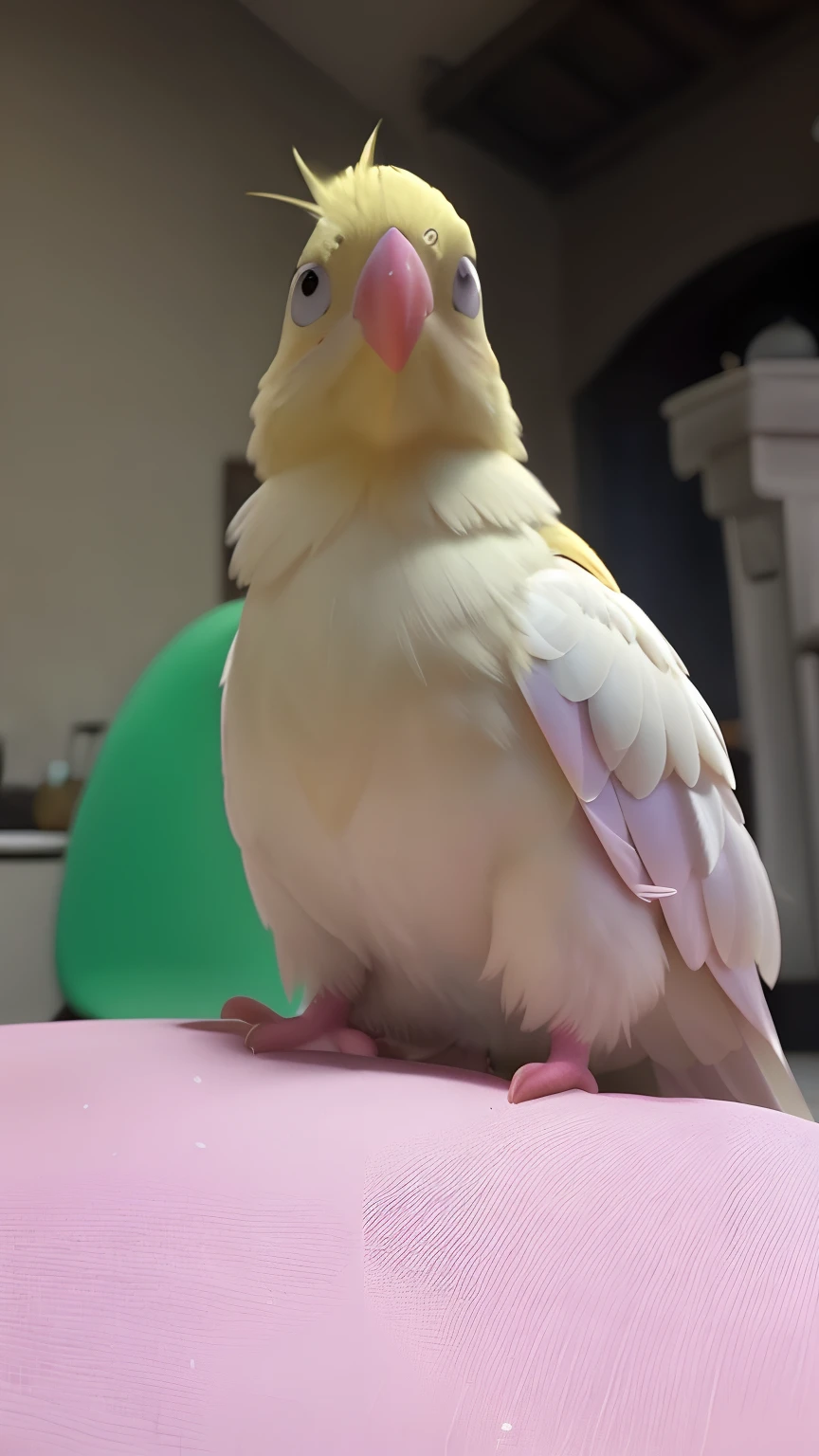 there is a yellow and white bird sitting on a pink table, pet bird, albino mystic, albino dwarf, young handsome pale roma, cocky expression, birb, cocky, an afghan male type, she is about 20 years old, she is about 2 0 years old, she is about 2 5 years old, she is about 1 6 years old