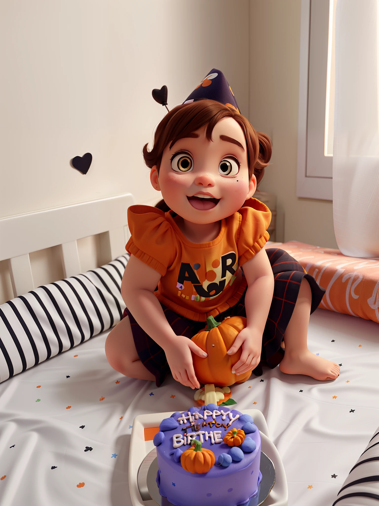 girl dressed with pumpkin print and a birthday cake, Disney pixar.