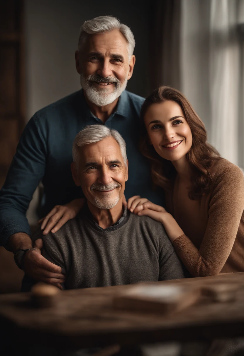 (best quality,highres:1.2),ultra-detailed,realistic portrait of a father,loving expression,kind eyes,warm smile,wrinkles showing wisdom and experience,short beard and mustache,gray hair,well-groomed appearance,lovingly holding a photo frame with his family,soft lighting to accentuate the warmth and affection,neutral background to focus on the father's presence,vivid colors to bring out the emotions,classic oil painting style,portraits,color tones with a hint of warmth.