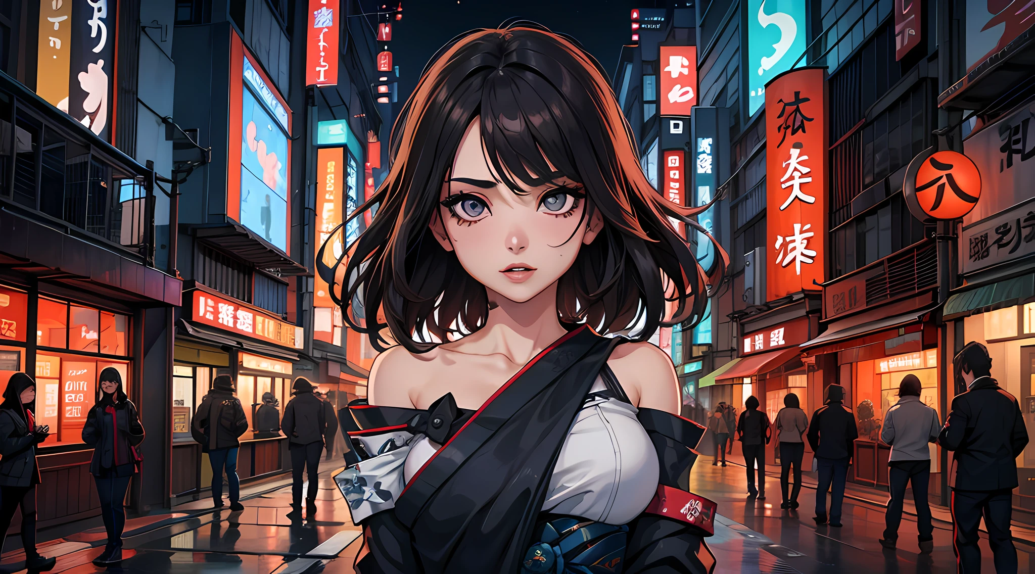 1girl, Olhos azuis detalhados, messy dark hair, Olhando para o Viewer, sexy, Ultra Obra-prima, influenced by Japanese culture and aesthetics, Tokyo in the background, urban backdrop