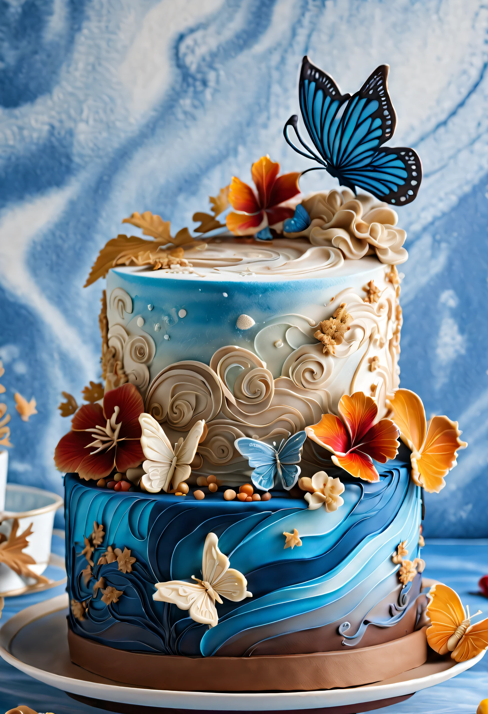 (Close-up of a crystal cake made of chocolate and cream）, Advanced engraving of marine colors,Delicately served on a nice plate,  The cake rolls are decorated with beautiful butterflies，SakuraNS、Hibiscus flower、maple trees，morango，Autumn leaves and squirrels，Blue Jupiter gas swirls like sand, Swirl sand and foam, Blue foam swirls, marbled swirls, The texture is like sand, Dust and foam in the background,，Rococo， k hd, The surreal visuals are almost 8K quality. The fluffy and light cake texture is complemented by a unique and intricate pattern, designs, The soft watercolor effect evokes natural beauty.