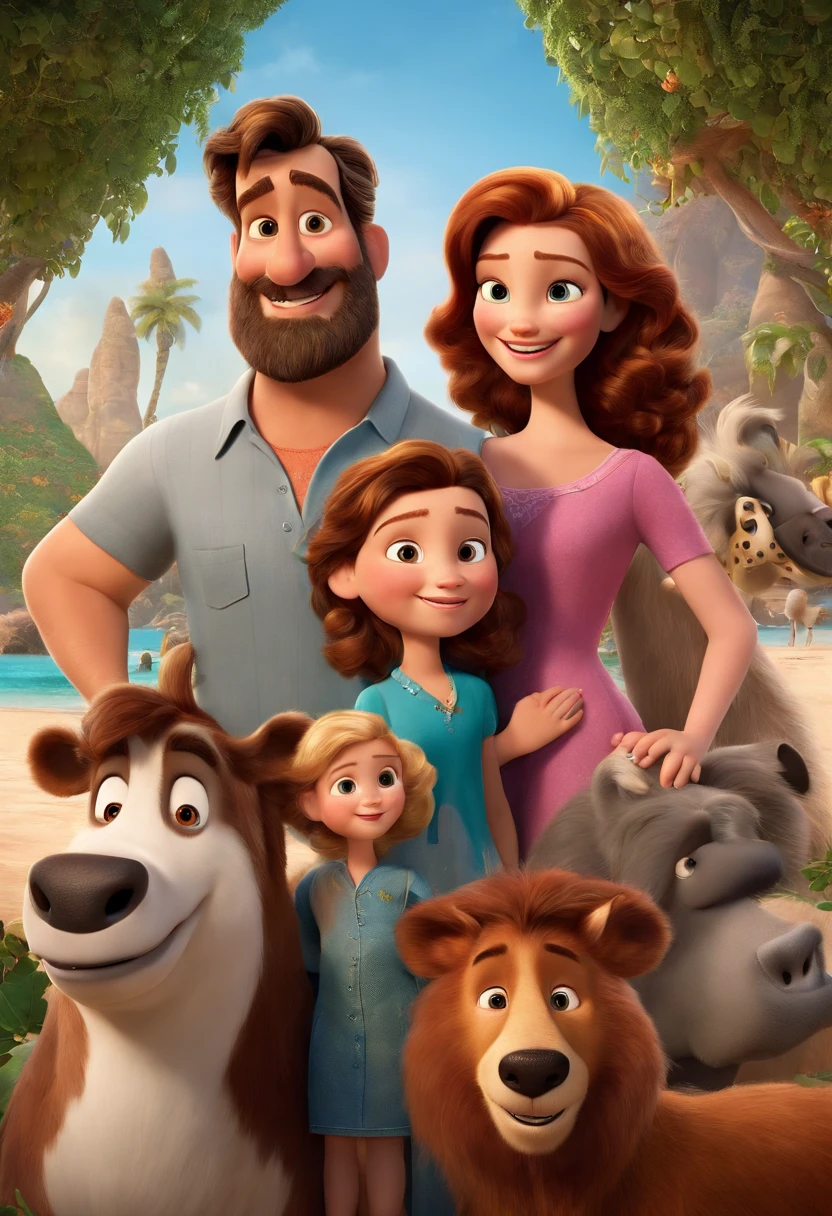 a Disney Pixar movie poster showing a white-skinned family. The father is the tallest, Tem barba curta, loiro, cabelos curtos e espinhosos. The mother has brown eyes and hair, shoulder-length and is slightly overweight. A menina tem 4 anos e cabelos castanhos, roupa rosa e rabos de cavalo. The background is a beach garden. 3D-rendering