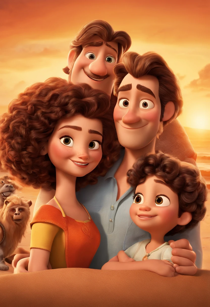 a Disney Pixar movie poster showing a white-skinned family. The father is the tallest, Tem barba curta, loiro, cabelos curtos e espinhosos. The mother has brown eyes and hair, shoulder-length and is slightly overweight. A tem 4 anos e cabelos castanhos, roupa rosa e rabos de cavalo. The background is a beach garden. 3D-rendering