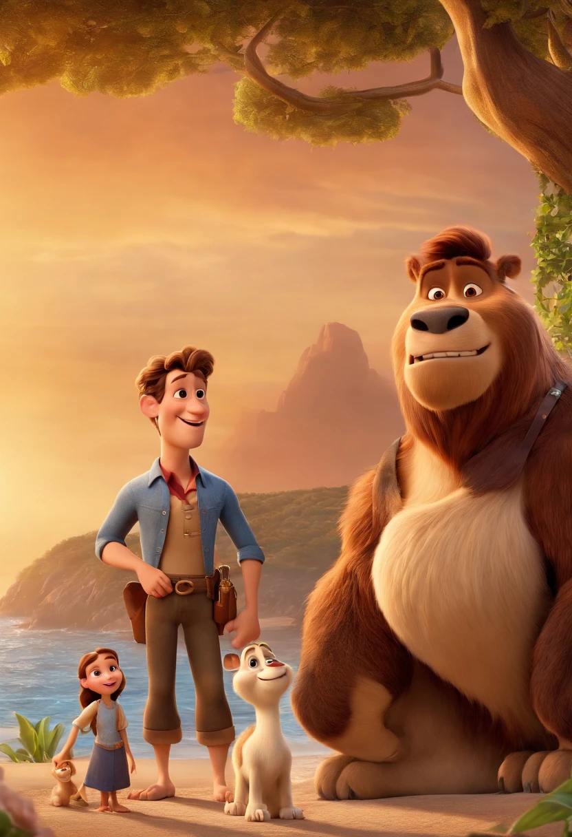 a Disney Pixar movie poster showing a white-skinned family. The father is the tallest, Tem barba curta, loiro, cabelos curtos e espinhosos. The mother has brown eyes and hair, shoulder-length and is slightly overweight. A menina tem 4 anos e cabelos castanhos, roupa rosa e rabos de cavalo. The background is a beach garden. 3D-rendering