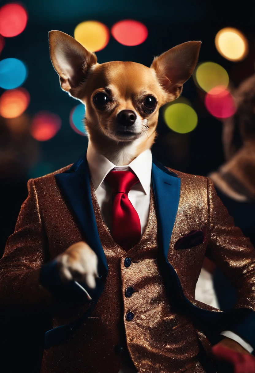 a chihuahua in a suit at a dance party