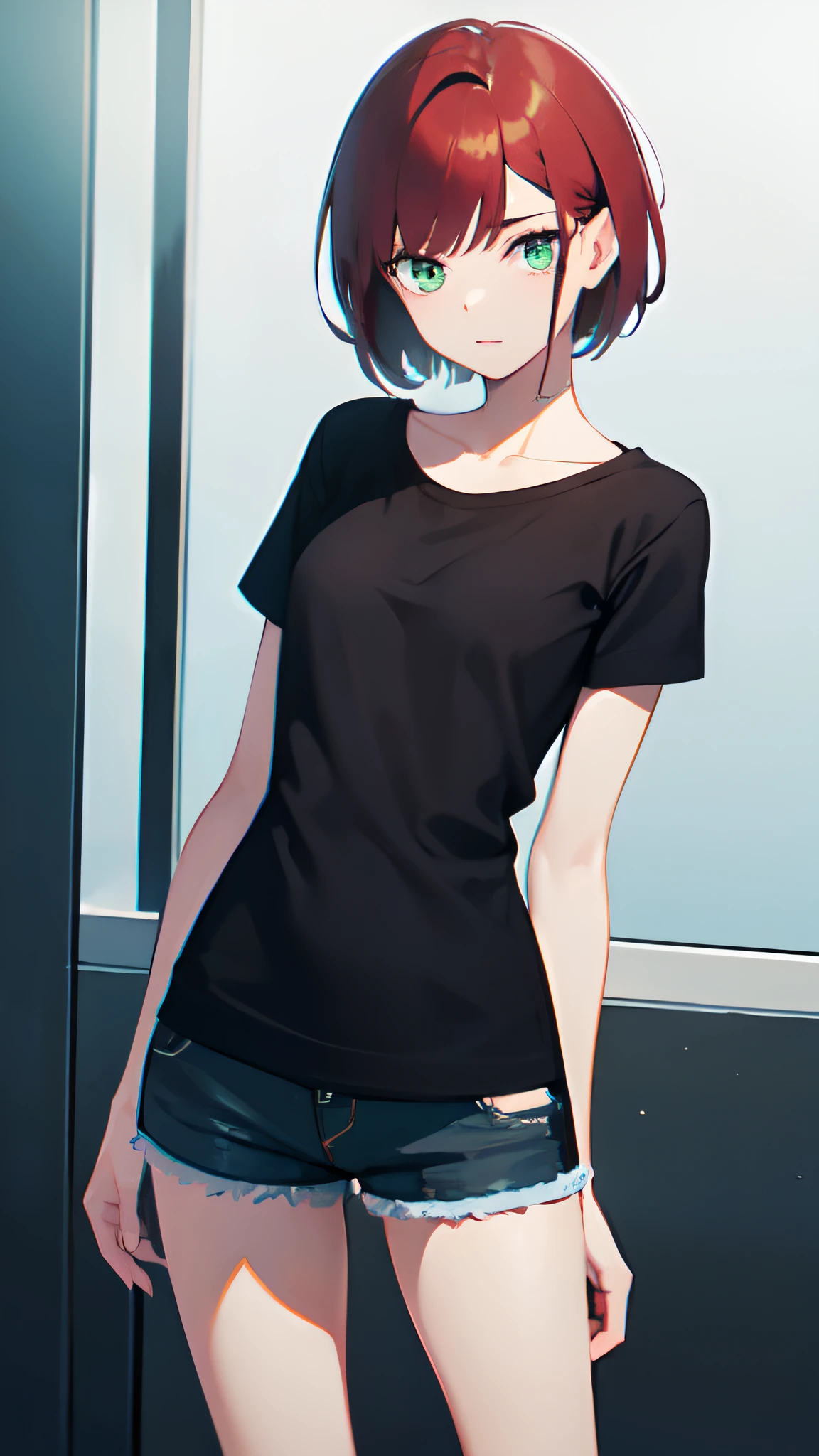 a 1girl, Green eyes, Skinny, Short, black t-shirt, blue shorts, redhead hair, Short Hair Hair, Beautiful figure, beatiful face, 18 years.