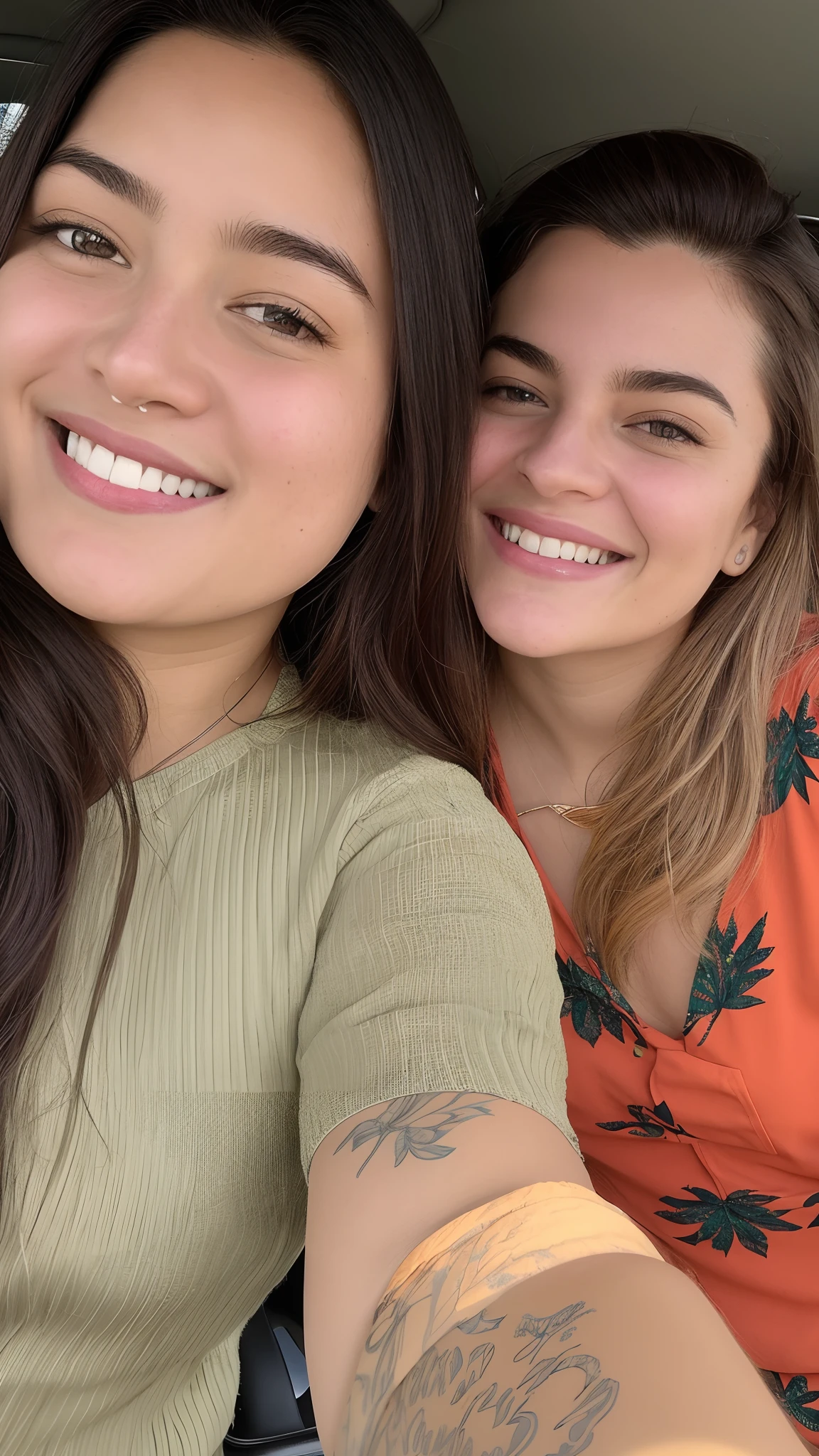 Obra prima de alta qualidade, estilo Disney pixer carton, There are two women who are taking a selfie in the car, both smiling for the camera, sorrindo um para o outro, Duas s, imagem de qualidade muito baixa, Ruan Jia e Mandy Jurgens, They are close to each other, imagem de perfil, Duas mulheres bonitas no amor, sisters, foto do snapchat, duas mulheres, ambos rindo, imagem do iphone, foto de perfil headshot