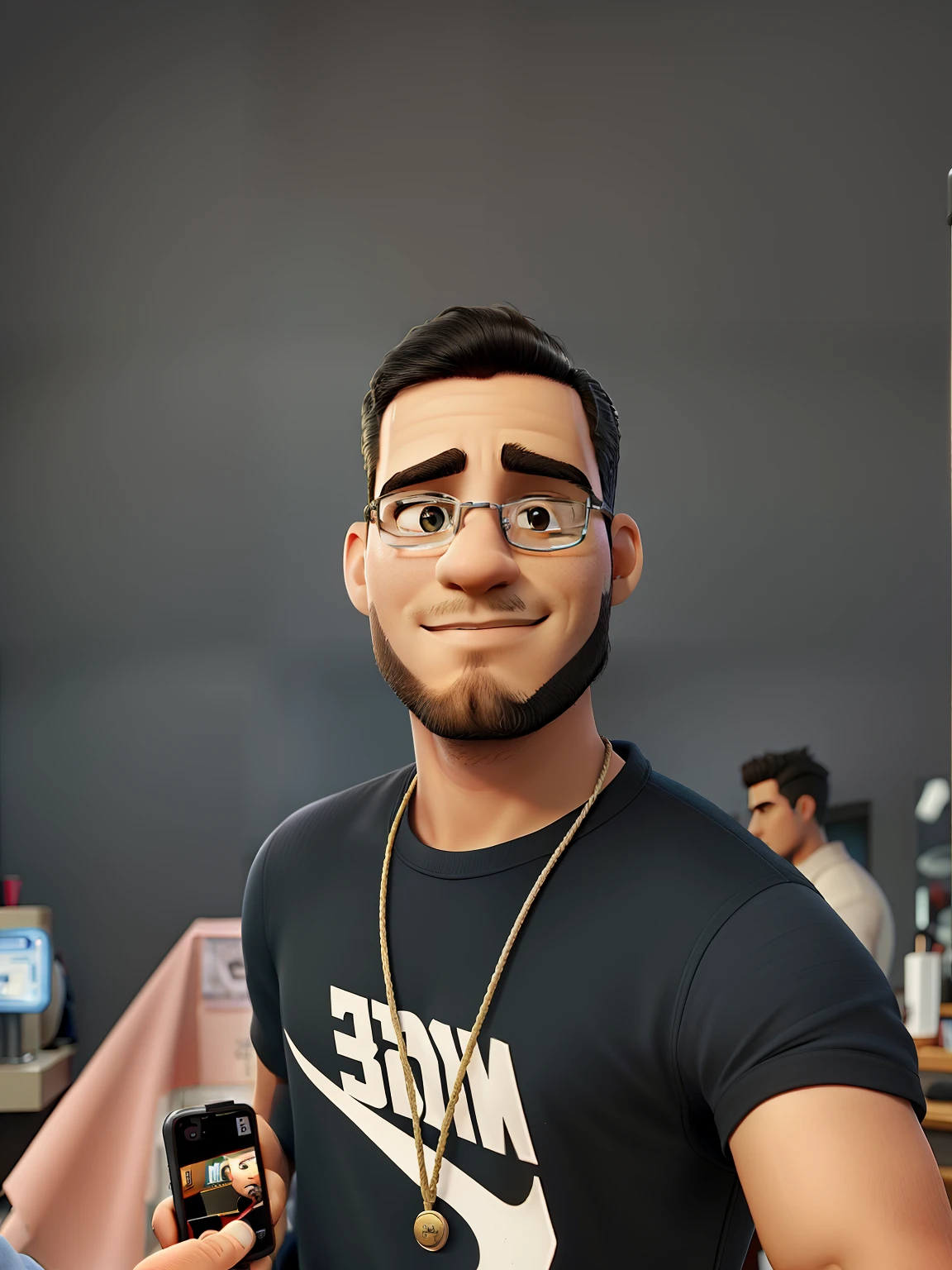 A man with a profession Haircutting expert with an iPhone 12 in his hand in his barbershop with mirror machines behind him in the very environment