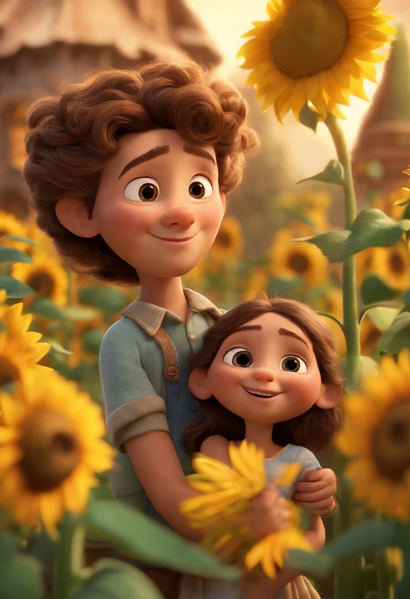 Create a Disney PIXAR-style 3D poster. ((centro da imagem, dois s)), ((2Children)) ((1 boy on lap and 1 boy next to the woman's leg They're hugging each other, O meninoele marrom clara e cabelos castanhos escuro escuros e olhos castanhos escuros, 1 menino tem para, dark, medium-brown eyes, curly hair, s)) ((tudo isso no estilo Disney PIXAR 3D, In the background, A house of sunflowers, Gloria Studio, The garden is full of nature 3D render RTX clay material, estilo de design cartunesco, POP Mart, soft lighting, linhas suaves, Spring tilt, Detailed illustrations of PIXAR 3D, Detalhes hiper-realistas, cor quente no estilo Disney PIXAR 3D))