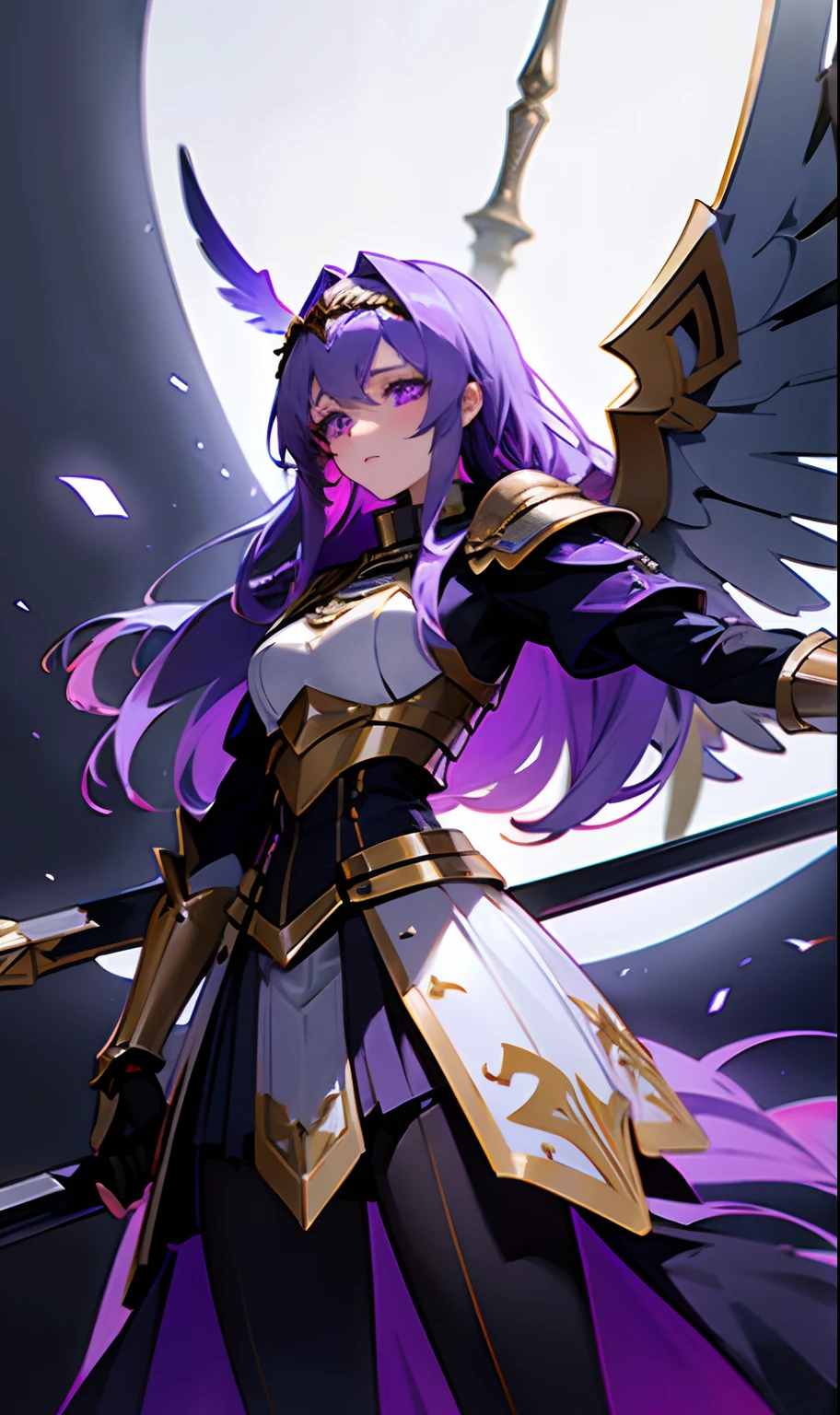 Medium body girl wearing a Valkyrie armor with huge Valkyrie wings 2 on her back and 2 on her waist holding a scythe with long purple hair and glowing purple eyes,asas enormes de valkirya nas costas