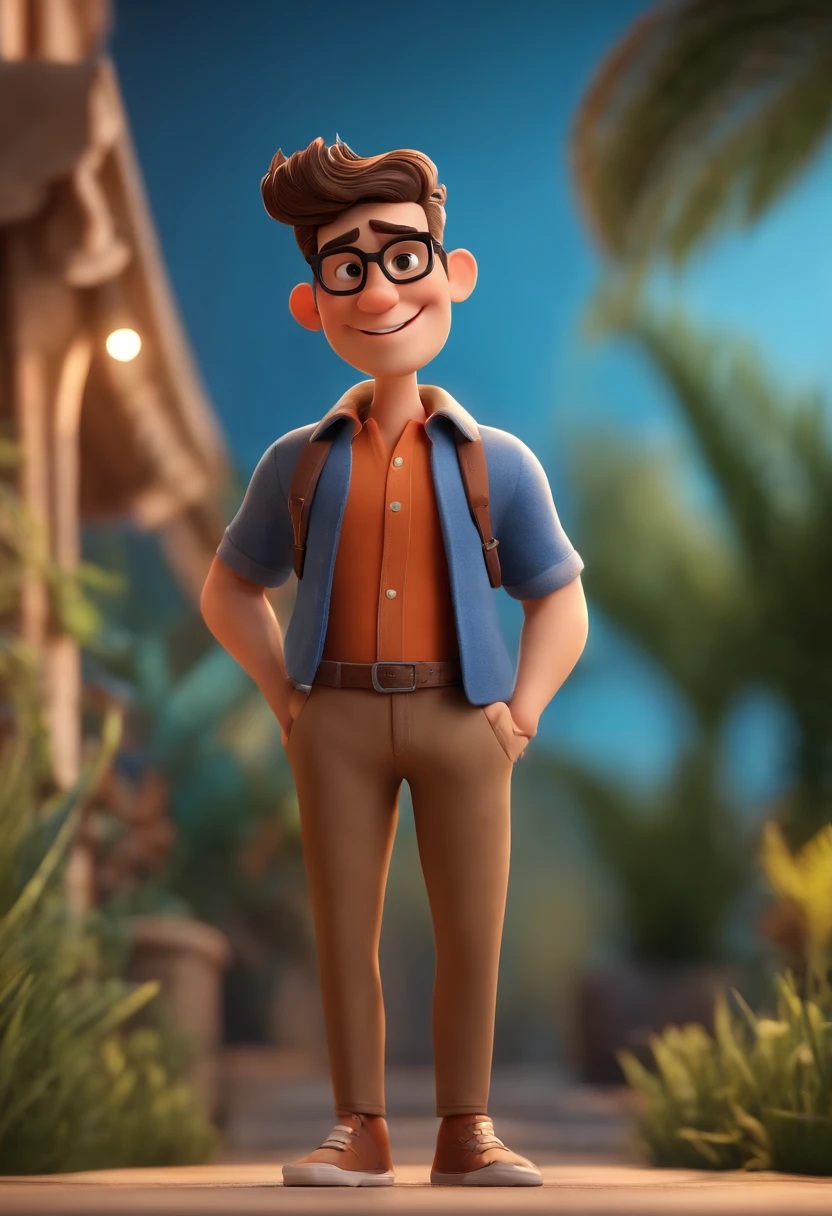 Cartoon character of a man with black glasses and a blue shirt, meio gordinho com barba, animation character, Caractere estilizado, animation style rendering, 3D estilizado, Arnold Maya render, 3 d render stylized, toon render keyshot, Personagem 3D, Personagem 3D, 3d rendering stylized, 3 d character render, personagem de desenho animado, Personagem de close up, Pose de personagem,  (Estilo Pixar) (master part:1.2) (Bokeh) (best quality) (pele detalhada) (textura detalhada) (8k) (argila) (Cinematic lighting) (foco nítido