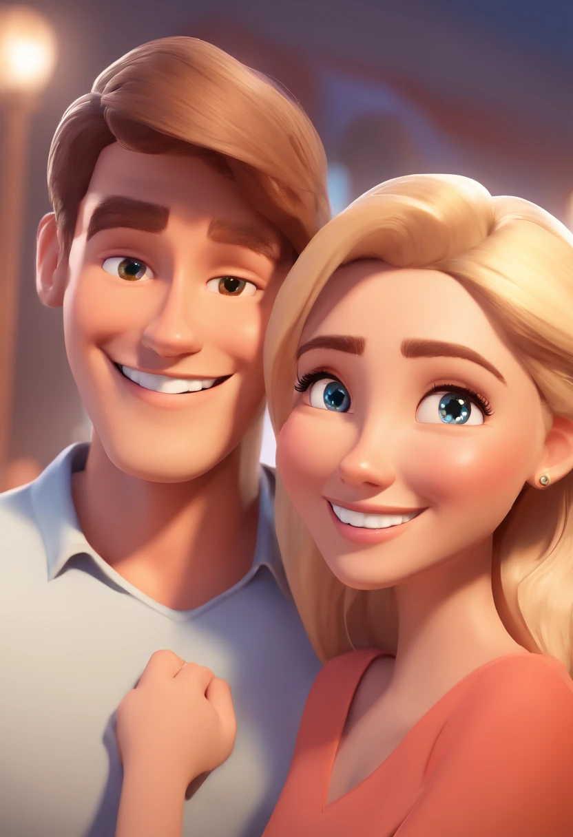 An illustration of an adorable couple, Spotlight on a smiling skinny brunette man and a blonde woman with beautiful expressive brown eyes - the man's skin is light and the man's hair is pulled back, while the woman's skin is fair and the woman's hair is blonde, liso e longo. They are a bright room, cada um com um sorriso no rosto, e compartilhar um momento especial caracterizado pelo amor, Insights. Illustrate this scene from a perspective where they are facing the camera, Smiling and Showing Your Connection. Desenvolva esta arte em Full HD, Focus on your cinematic touch, Estilo Disney Pixar Animations