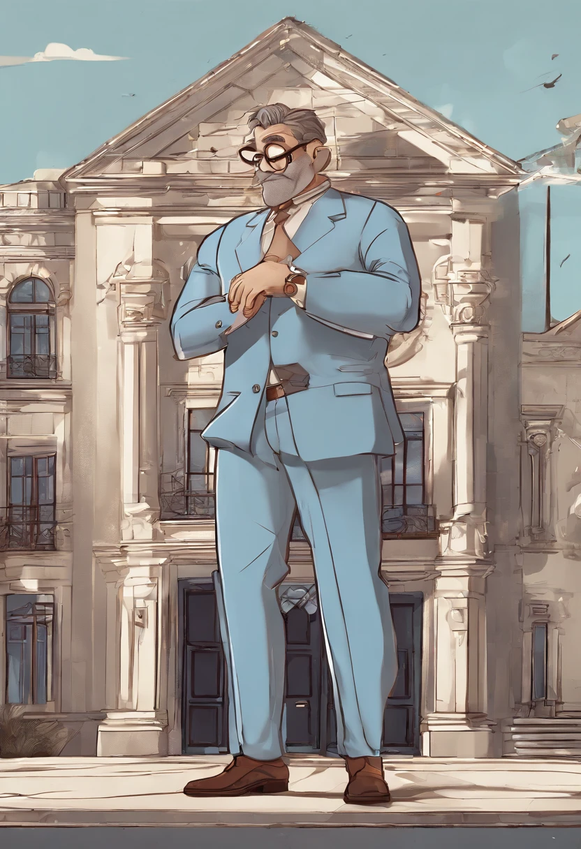 Cartoon character of a man with black glasses and a blue shirt, animation character, Caractere estilizado, animation style rendering, 3D estilizado, Arnold Maya render, 3 d render stylized, toon render keyshot, Personagem 3D, Personagem 3D, 3d rendering stylized, 3 d character render, personagem de desenho animado, Personagem de close up, Pose de personagem, (Estilo Pixar) (master part:1.2) (Bokeh) (best quality) (pele detalhada) (textura detalhada) (8k) (argila) (Cinematic lighting) (Sharp Focus Prompt for Pixar-Style Animation:
scenecy:
A cityscape with several buildings. The focus is on an imposing building at the center of the scene named "Zion Private Services" clearly visible on its façade.
Personagem Principal:
Nome: Dario Sosa
Idade: 42 years old
Appearance:
Vestido com um terno elegante.
his arms are crossed.
Tem barba, that's a little graying.
Cabelo curto nas laterais e mais longo na parte superior, Hairstyle back.
Character position:
Dario is in front of the central building, destacando-se na cena. Acima ou abaixo dele (depending on the composition), deve haver uma placa ou legenda que diz "Dario Sosa - Wealth Advisor".
Atmosfera:
Animation should convey professionalism and confidence, reflecting Dario's performance as a Wealth Advisor.