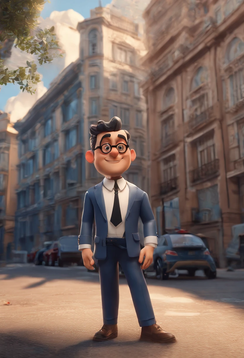 Cartoon character of a man with black glasses and a blue shirt, animation character, Caractere estilizado, animation style rendering, 3D estilizado, Arnold Maya render, 3 d render stylized, toon render keyshot, Personagem 3D, Personagem 3D, 3d rendering stylized, 3 d character render, personagem de desenho animado, Personagem de close up, Pose de personagem,  (Estilo Pixar) (master part:1.2) (Bokeh) (best quality) (pele detalhada) (textura detalhada) (8k) (argila) (Cinematic lighting) (Sharp Focus Prompt for Pixar-Style Animation:

scenecy:
A cityscape with several buildings. The focus is on an imposing building at the center of the scene named "Zion Private Services" clearly visible on its façade.

Personagem Principal:

Nome: Dario Sosa
Idade: 42 years old
Appearance:
Vestido com um terno elegante.
his arms are crossed.
Tem barba, that's a little graying.
Cabelo curto nas laterais e mais longo na parte superior, Hairstyle back.
Character position:
Dario is in front of the central building, destacando-se na cena. Acima ou abaixo dele (depending on the composition), deve haver uma placa ou legenda que diz "Dario Sosa - Wealth Advisor".

Atmosfera:
Animation should convey professionalism and confidence, reflecting Dario's performance as a Wealth Advisor.