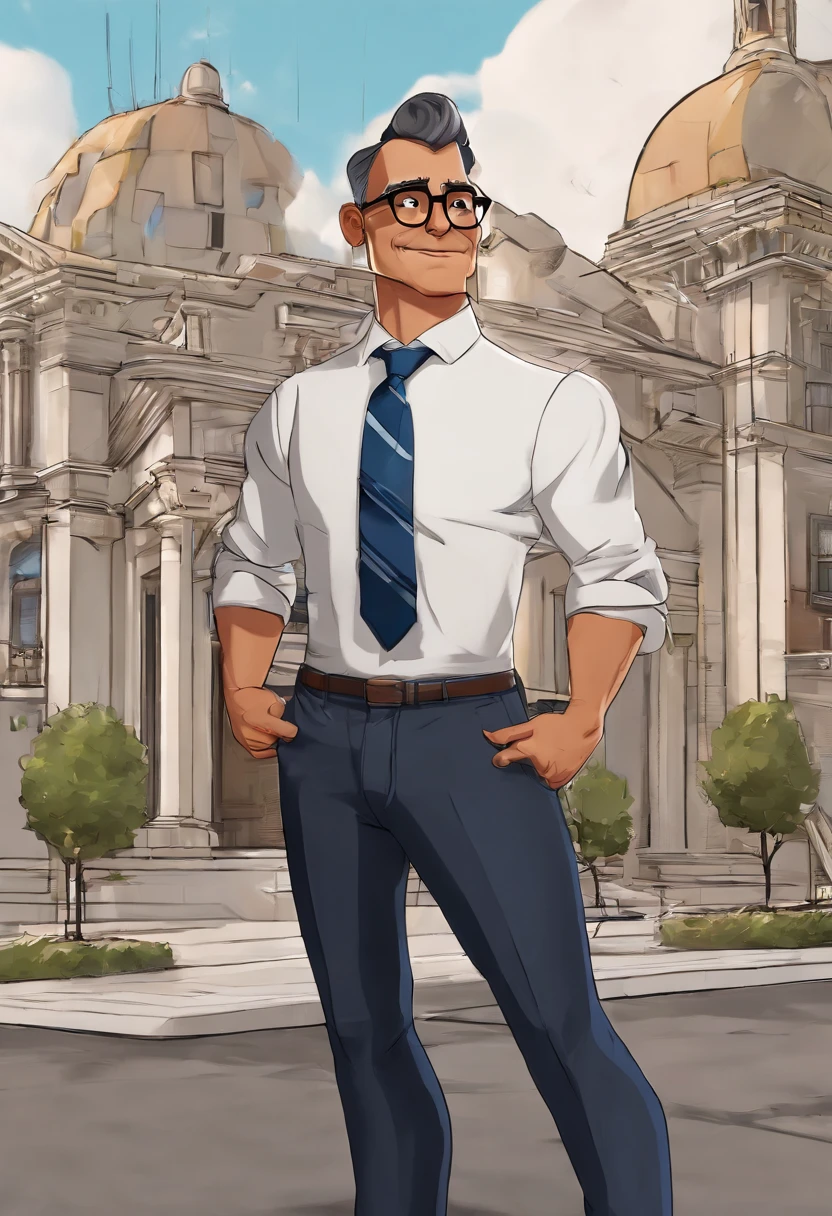 Cartoon character of a man with black glasses and a blue shirt, animation character, Caractere estilizado, animation style rendering, 3D estilizado, Arnold Maya render, 3 d render stylized, toon render keyshot, Personagem 3D, Personagem 3D, 3d rendering stylized, 3 d character render, personagem de desenho animado, Personagem de close up, Pose de personagem,  (Estilo Pixar) (master part:1.2) (Bokeh) (best quality) (pele detalhada) (textura detalhada) (8k) (argila) (Cinematic lighting) (Sharp Focus Prompt for Pixar-Style Animation:

scenecy:
A cityscape with several buildings. The focus is on an imposing building at the center of the scene named "Zion Private Services" clearly visible on its façade.

Personagem Principal:

Nome: Dario Sosa
Idade: 42 years old
Appearance:
Vestido com um terno elegante.
his arms are crossed.
Tem barba, that's a little graying.
Cabelo curto nas laterais e mais longo na parte superior, Hairstyle back.
Character position:
Dario is in front of the central building, destacando-se na cena. Acima ou abaixo dele (depending on the composition), deve haver uma placa ou legenda que diz "Dario Sosa - Wealth Advisor".

Atmosfera:
Animation should convey professionalism and confidence, reflecting Dario's performance as a Wealth Advisor.