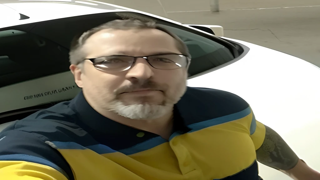 Homem de camisa amarela e azul ao lado de um carro branco, foto do perfil, Fotografia selfie 8k, foto de perfil, foto selfie