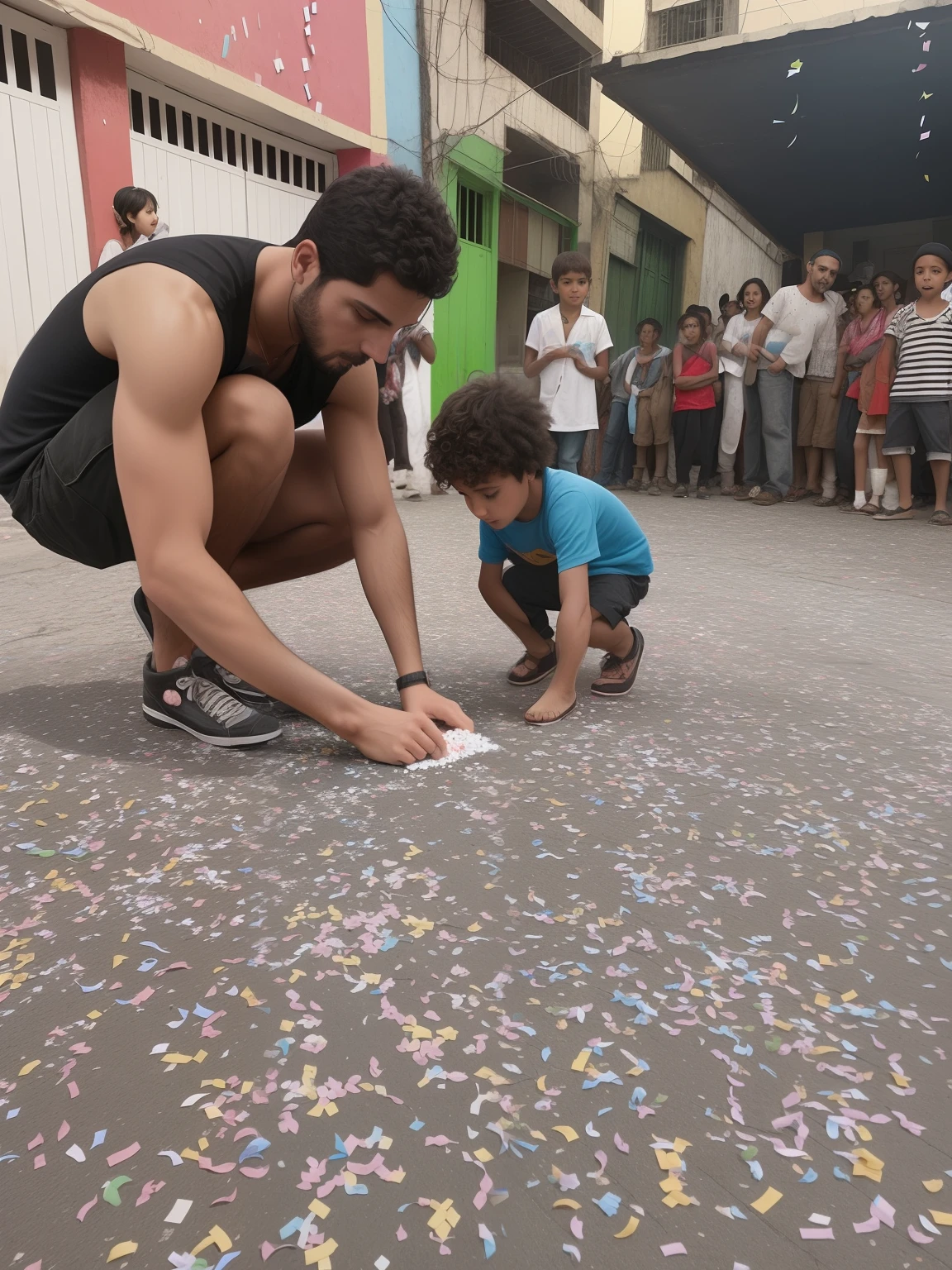 There's a man and a child playing with confetti in the street, with a kid, community celebration, confete, foto poderosa, competition winning, Directed by: Matteo Pérez, Directed by: Samuel Silva, Directed by: David Ruby, historic moment, favelas, Directed by: Fernando Gerassi, bloco de festa, beautiful man, cabrito, Directed by: Jacob Pynas, artista desconhecido, daniel mirante
