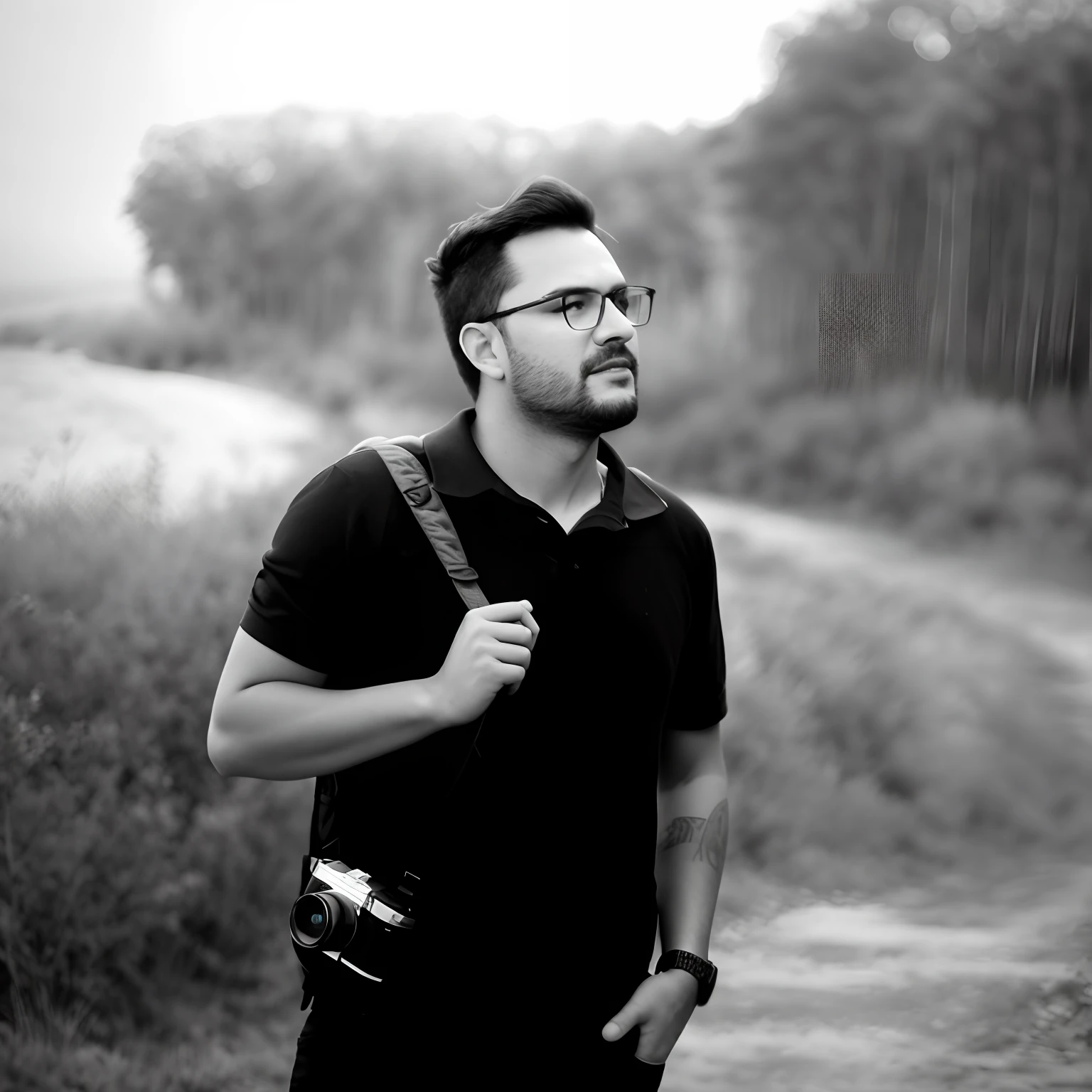 Man with a camera and a backpack standing on a dirt road, retrato da fotografia, fotografia em tons de cinza, dslr 5 0 mm foto retrato, foto retrato, em frente a um fundo de floresta, Tiro em Sony A 7 III, imagem em preto e branco, Tiro em Sony A 7, Tiro com Sony Alpha, Tiro na Nikon Z9
