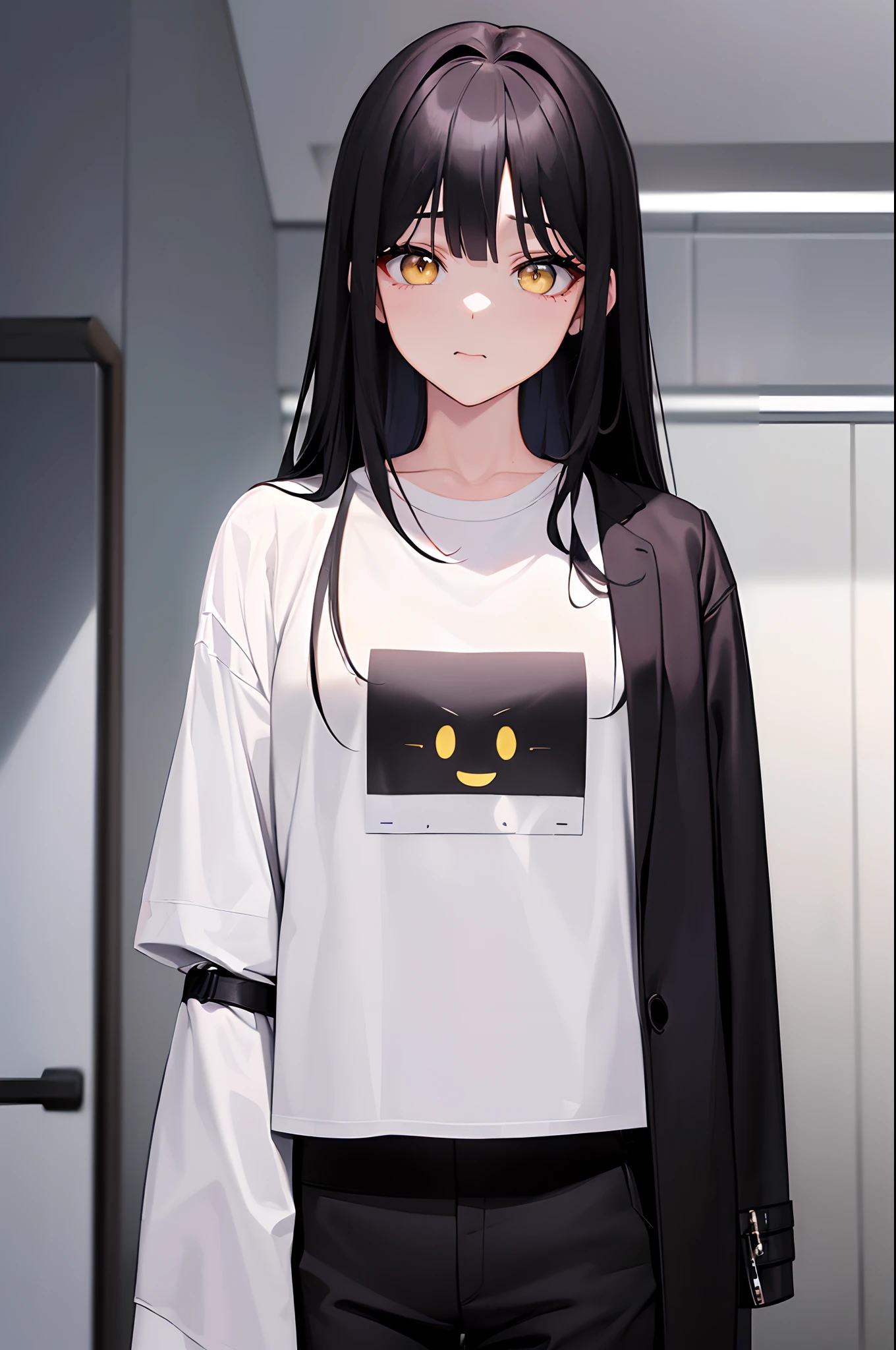 (4K works))、masterpiece、(top-quality)、Shopping、Korean female、adult woman、((Adult 26 years old))、((Face similar to Hyunjin))、cool lady、tall、((Glaring expression))、((Sleepy face))、((Strong eyes))、((Wearing a white T-shirt and a black jacket、Wear long black pants))、((Wear a black mask))、((Smaller face))、Slim body、((How to stand a sales match))、((Cheeky way of standing))、((Bad girl))、((Black long-haired))、((Yellow eyes))、((shot from front))、((Looking down on the viewer))、((rearing))、((Shot alone))、((Solo Photography))