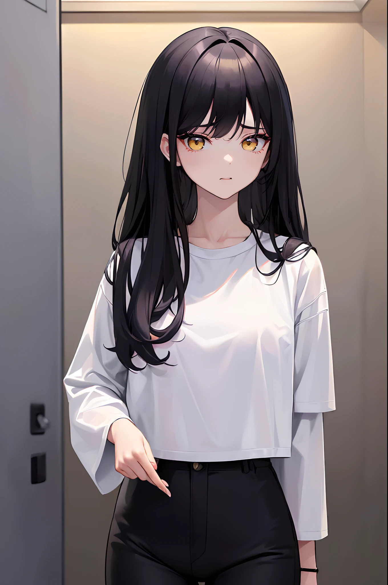 (4K works))、masterpiece、(top-quality)、Shopping、Korean female、adult woman、((Adult 26 years old))、((Face similar to Hyunjin))、cool lady、tall、((Glaring expression))、((Sleepy face))、((Strong eyes))、((Wearing a white T-shirt and a black jacket、Wear long black pants))、((Wear a black mask))、((Smaller face))、Slim body、((How to stand a sales match))、((Cheeky way of standing))、((Bad girl))、((Black long-haired))、((Yellow eyes))、((shot from front))、((Looking down on the viewer))、((rearing))、((Shot alone))、((Solo Photography))