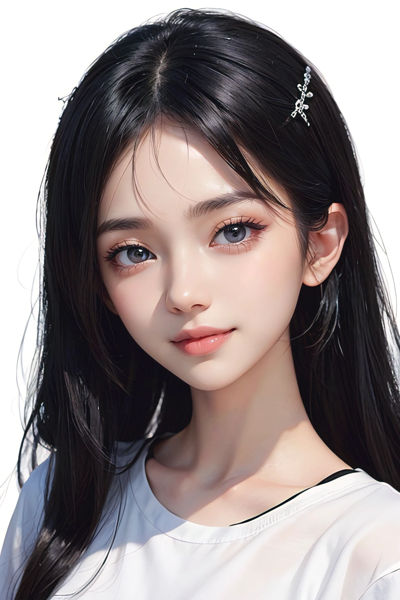 Burn-up, masterpiece , Best Quality . petite girl , White background , Delicate and beautiful eyes , Eye makeup , Black hair , Black eyes , light grin smile , white t-shirt , portrait of a