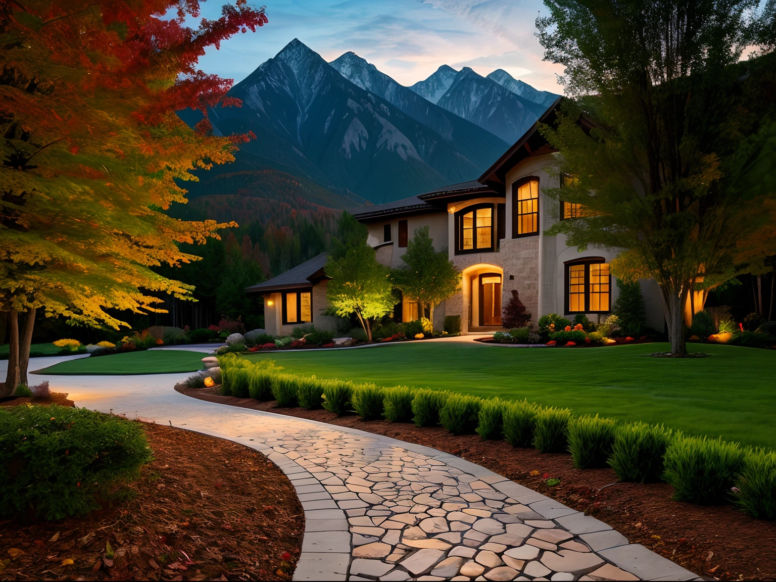 (Large outdoor Waterfall), ground lights lighting up trees, {in the fall}, lots of plant, {vibrant colors}, stone path, white modern house, mountains, sunset, human perspective, realistic, high quality