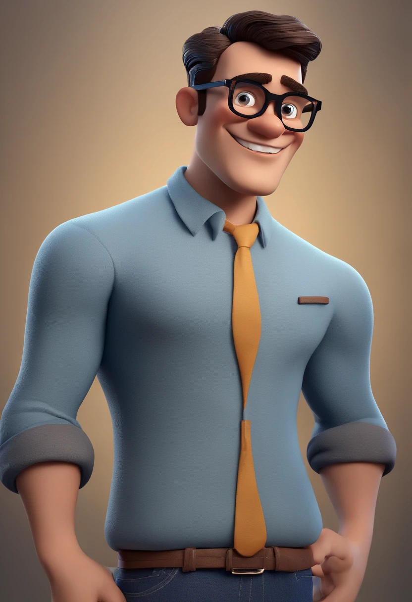 Cartoon character of a man with black glasses and a blue shirt, animation character, Caractere estilizado, animation style rendering, 3D estilizado, Arnold Maya render, 3 d render stylized, toon render keyshot, Personagem 3D, Personagem 3D, 3d rendering stylized, 3 d character render, personagem de desenho animado, Personagem de close up, Pose de personagem, (Estilo Pixar) (master part:1.2) (Bokeh) (best quality) (pele detalhada) (textura detalhada) (8k) (argila) (Cinematic lighting) (foco nítido