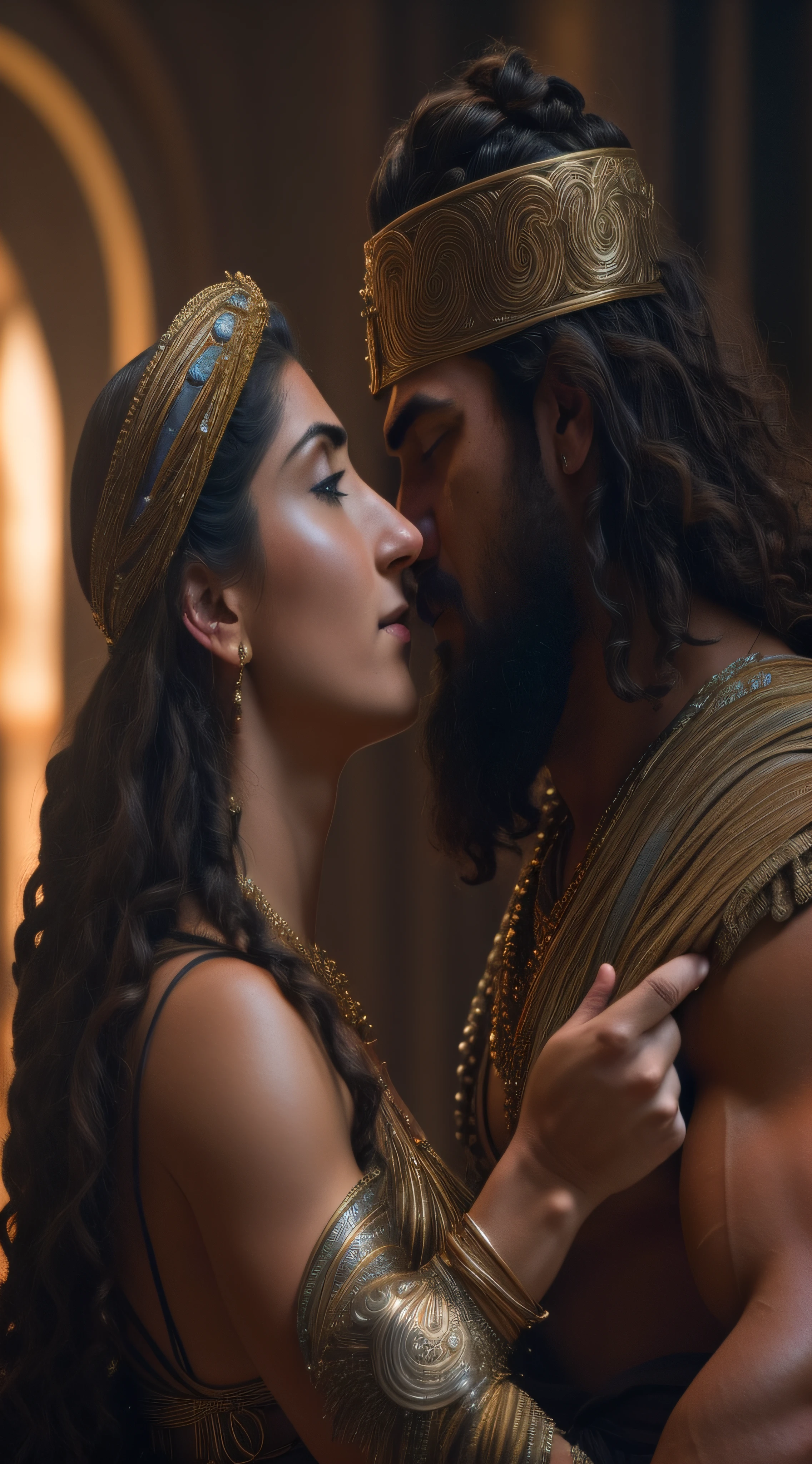 A stunning cinematic photo capturing Lord Hanuman, the divine monkey god, bowing down in reverence to Lord Rama and Sita Mata. The scene takes place in the grand court of King Rama of Ayodhya, with a luxurious kingly sofa as the focal point. Lord Rama, the noble and just ruler, is seated next to his beloved Sita Mata, who exudes grace and elegance. The atmosphere is filled with a sense of divine presence, and the intricate details of the royal court add to the grandeur of the scene., photo, cinematic