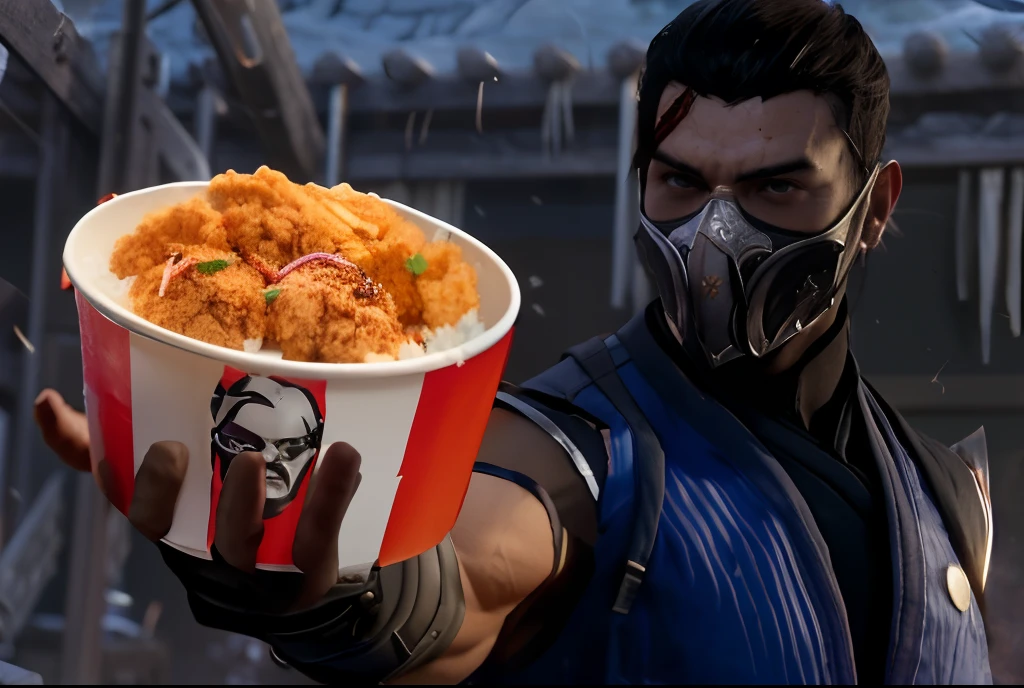 araffe in a mask holding a bowl of food with a picture of a man in a mask, character from mortal kombat, mortal kombat 11, kitava insatiable hunger, in mortal kombat, snoop mortal kombat, hanzo from overwatch, holding a bucket of kfc, trending on unreal 5, mk ninja, trending on unreal engine 5, mortal kombat