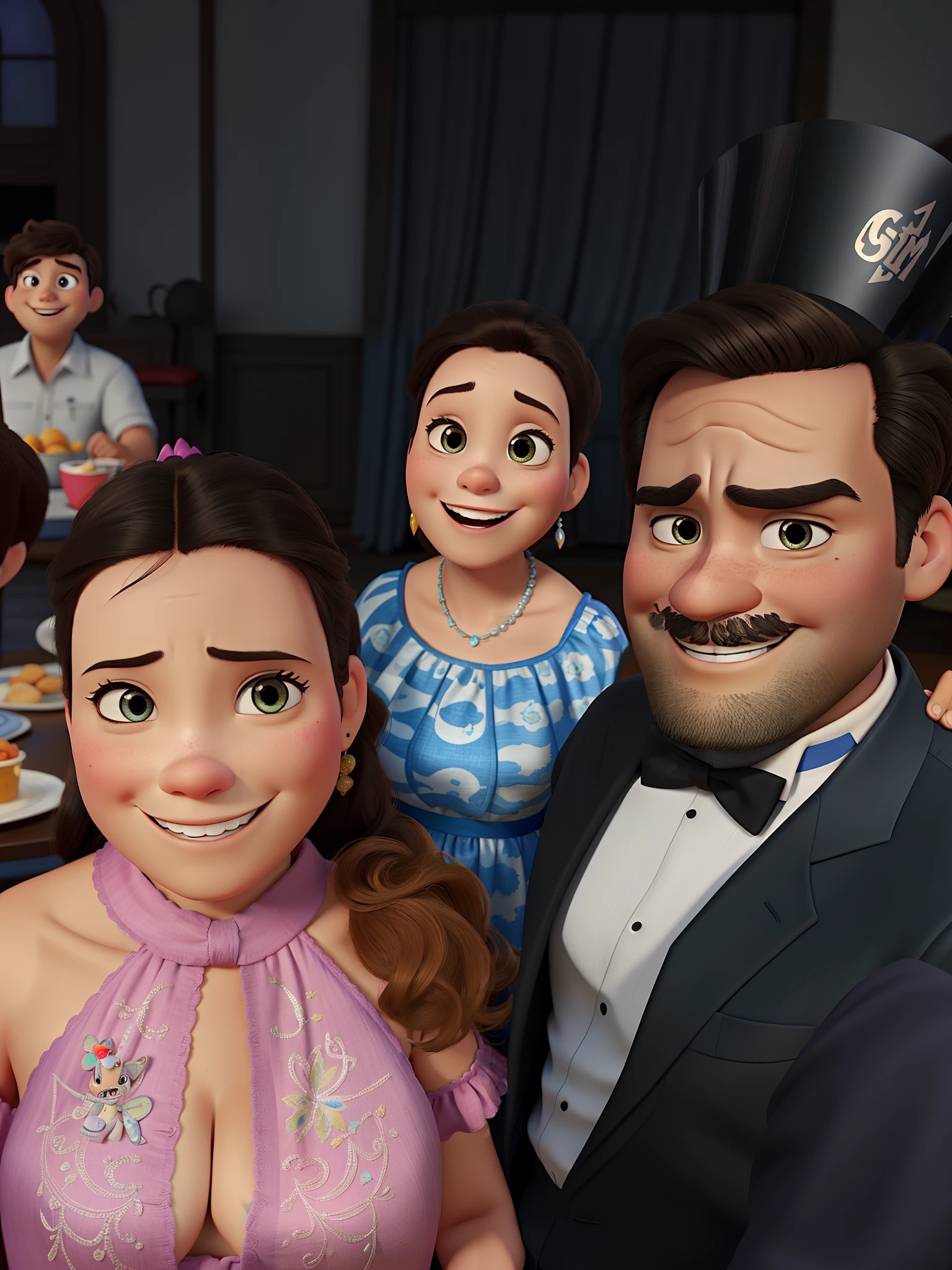 the family at the party in Disney Pixar style
