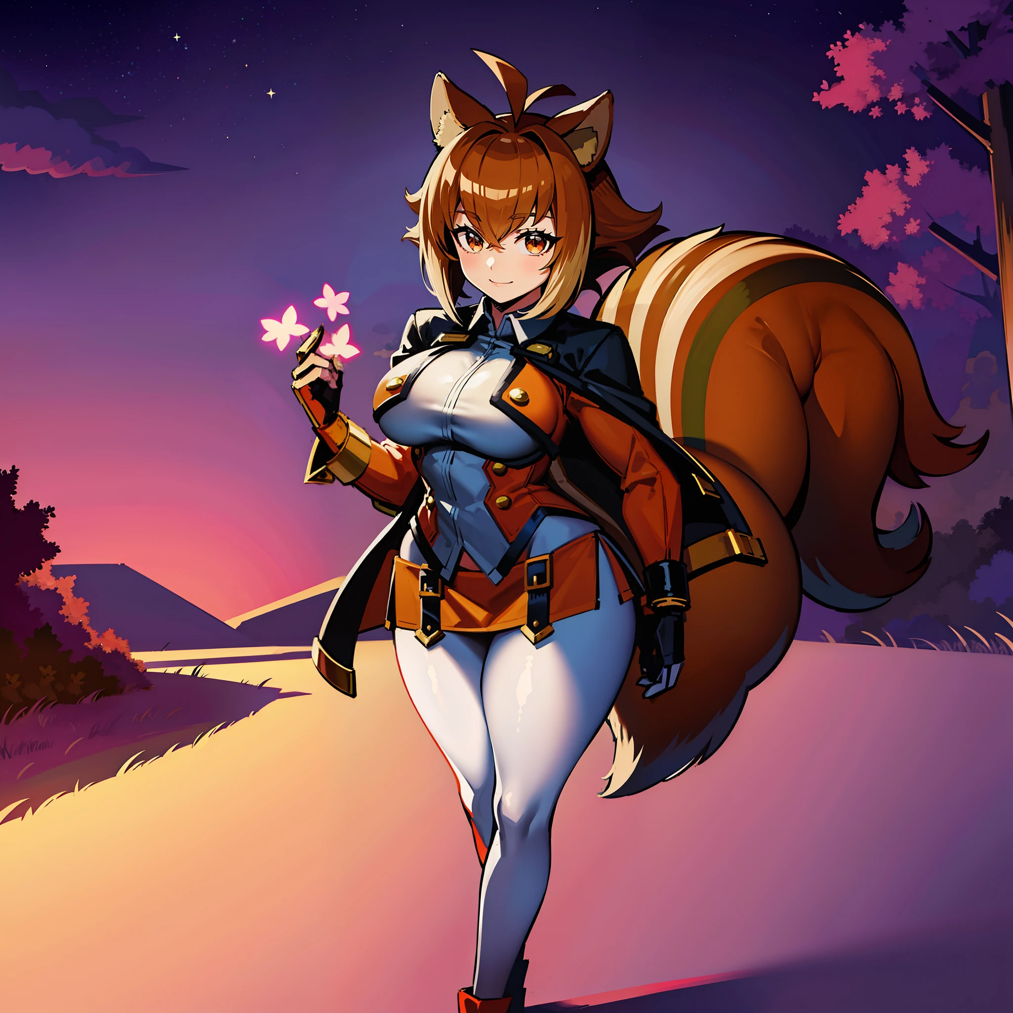 (masterpiece, best quality, high resolution), cowboy shot, 1girl, makotoms, animal ears, squirrel girl, squirrel tail, squirrel ears, antenna hair, tail, two-tone hair, brown eyes, gloves, high thigh thigh skirt, , kimono, jacket,, coat,, pants, portrait, full body,medieval village,, forest, , smile, lightsgauntlet, holy light hand,, pantyhose,medium breast, curvy, standing