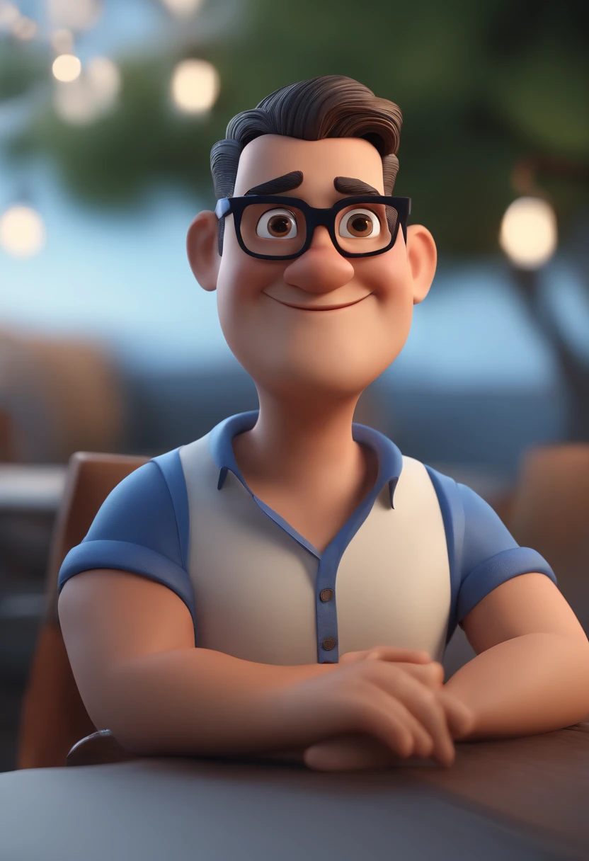 Criar um personagem no estilo Pixar. Trata-se de um homem de 37 anos, com barba, Branco, com cabelos castanhos curtos, e olhos castanhos. Ele deve estar na igreja