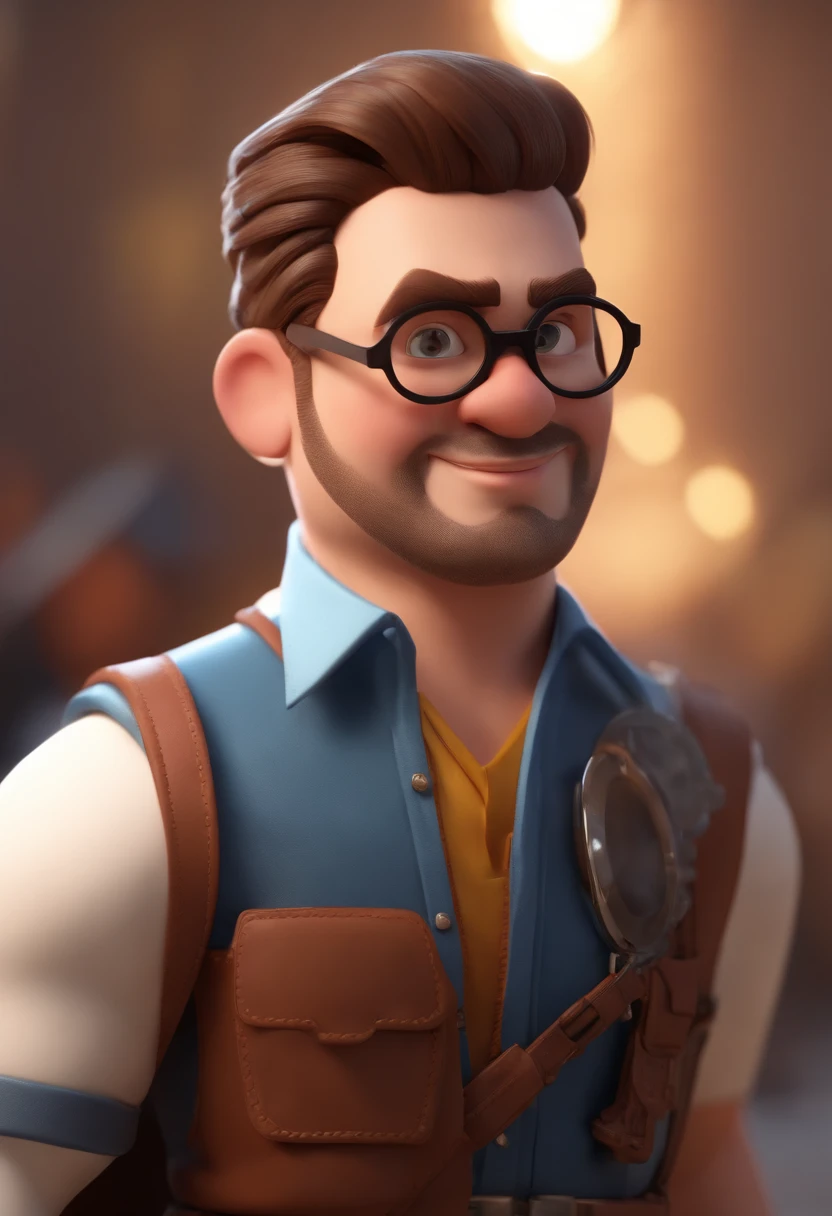 Cartoon character of a man wearing black glasses and a blue shirt, um personagem animado, Caractere estilizado, animation style rendering, 3D estilizado, Arnold Maya render, 3 d render stylized, toon render keyshot, Personagem 3D, Personagem 3D, 3d rendering stylized, 3 d character render, personagem de desenho animado, Personagem de close up, Pose de personagem, (Estilo Pixar) (master part:1.2) (Bokeh) (best quality) (pele detalhada) (textura detalhada) (8k) (argila) (Cinematic lighting) (foco nítido，Senta e vaza a parte superior do corpo