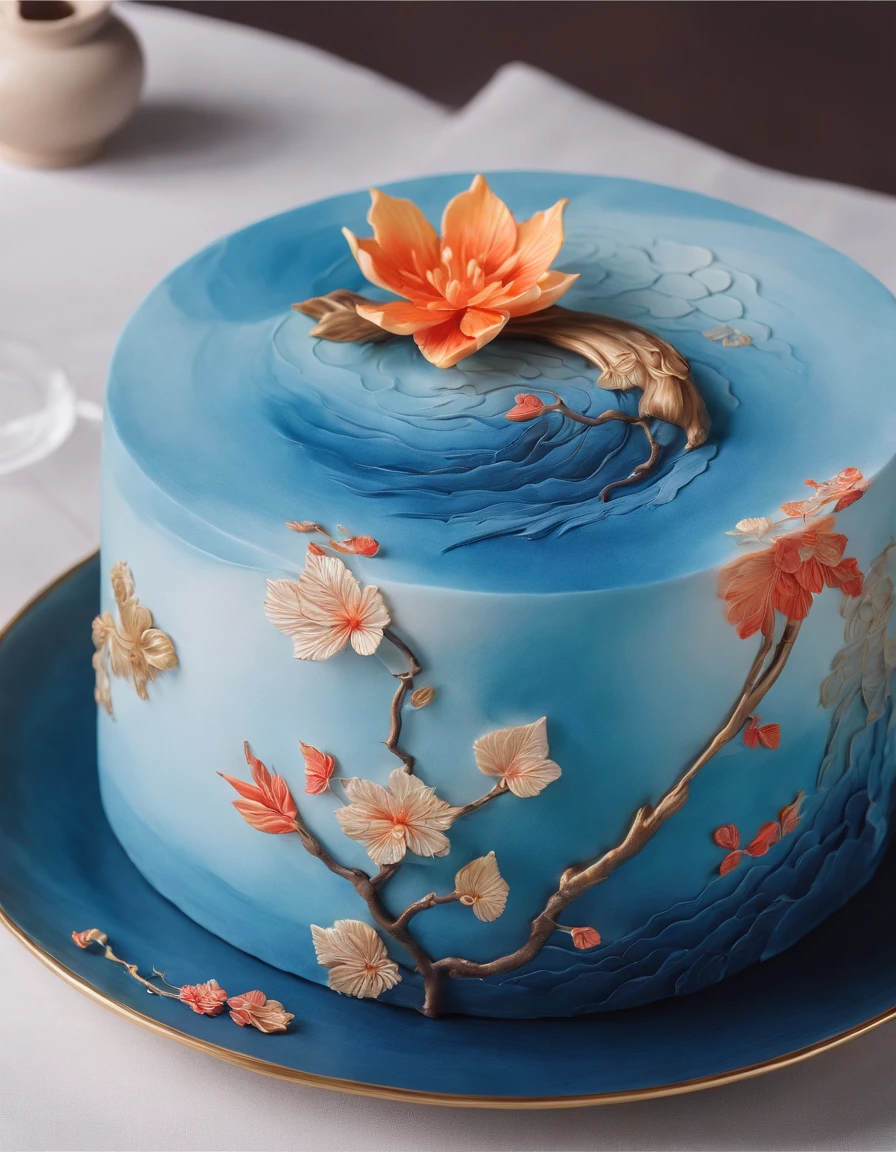 A cake made of chocolate and cream, High-quality carved marine colors, Blue Jupiter gas swirls like sand, swirling sand and foam, Blue bubble swirl, marbled swirls, The texture is like sand, The cake rolls are decorated with autumn leaves and squirrels,It has a soft yellowish hue, Reminiscent of a Chinese landscape painting. Delicately served on a nice plate, ,Looks lifelike. The traditional Chinese style of painting shows precise details,
Dust and foam in the background,k hd, Surreal visuals,8K ,quality. The fluffy and light cake texture is complemented by a unique and intricate pattern, designs, The soft watercolor effect evokes natural beauty.