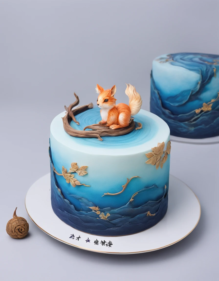 A cake made of chocolate and cream, High-quality carved marine colors, Blue Jupiter gas swirls like sand, swirling sand and foam, Blue bubble swirl, marbled swirls, The texture is like sand, The cake rolls are decorated with autumn leaves and squirrels，It has a soft yellowish hue, Reminiscent of a Chinese landscape painting. Delicately served on a nice plate, ，Looks lifelike. The traditional Chinese style of painting shows precise details，
Dust and foam in the background，k hd, Surreal visuals，8K ，quality. The fluffy and light cake texture is complemented by a unique and intricate pattern, designs, The soft watercolor effect evokes natural beauty.