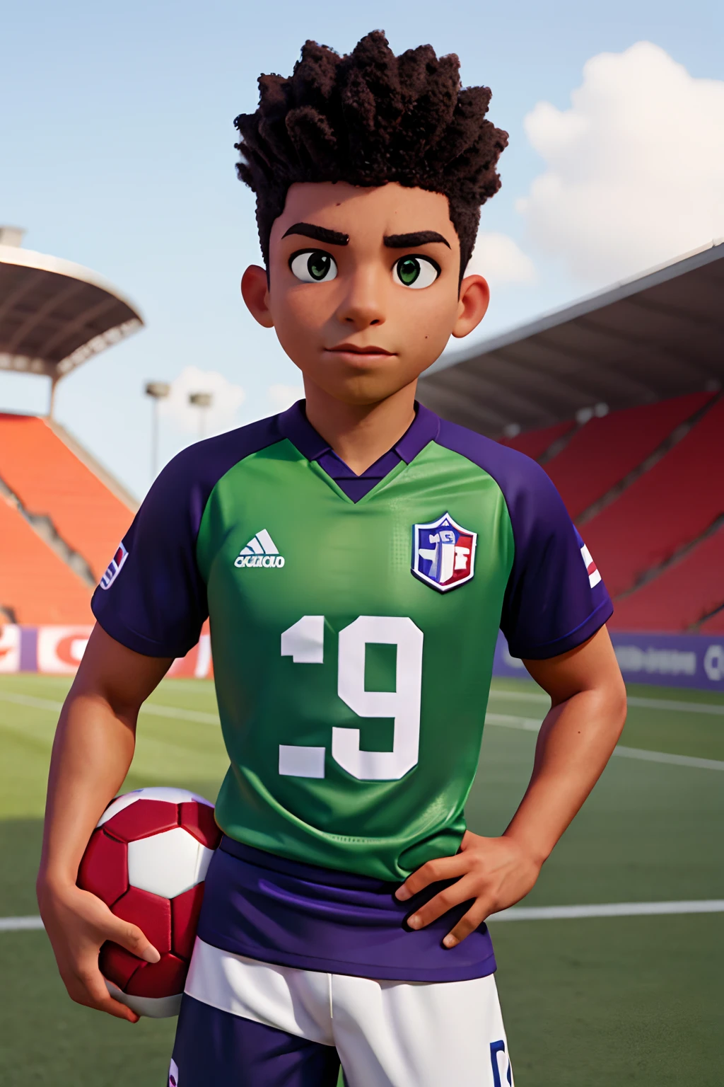 Homem de pe no campo de futebol americano com o uniforme roxo com numero 29 na camisa de capacete preto , chuteira verde limao  , 1,60 de altura moreno