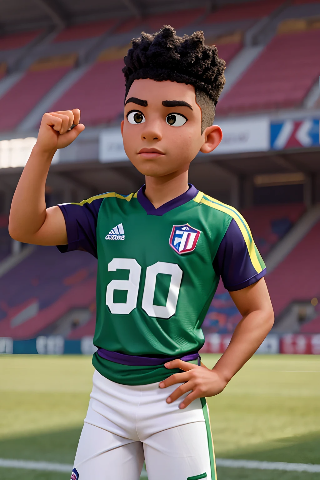 Homem de pe no campo de futebol americano com o uniforme roxo com numero 29 na camisa de capacete preto , chuteira verde limao , 1,60 de altura moreno