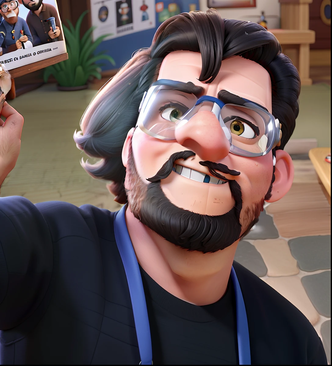 homem moreno 50 anos barba curta grisalha, cabelos grisalhos, Sobrancelhas Grossas, wearing goggles, Pixar Style Poster