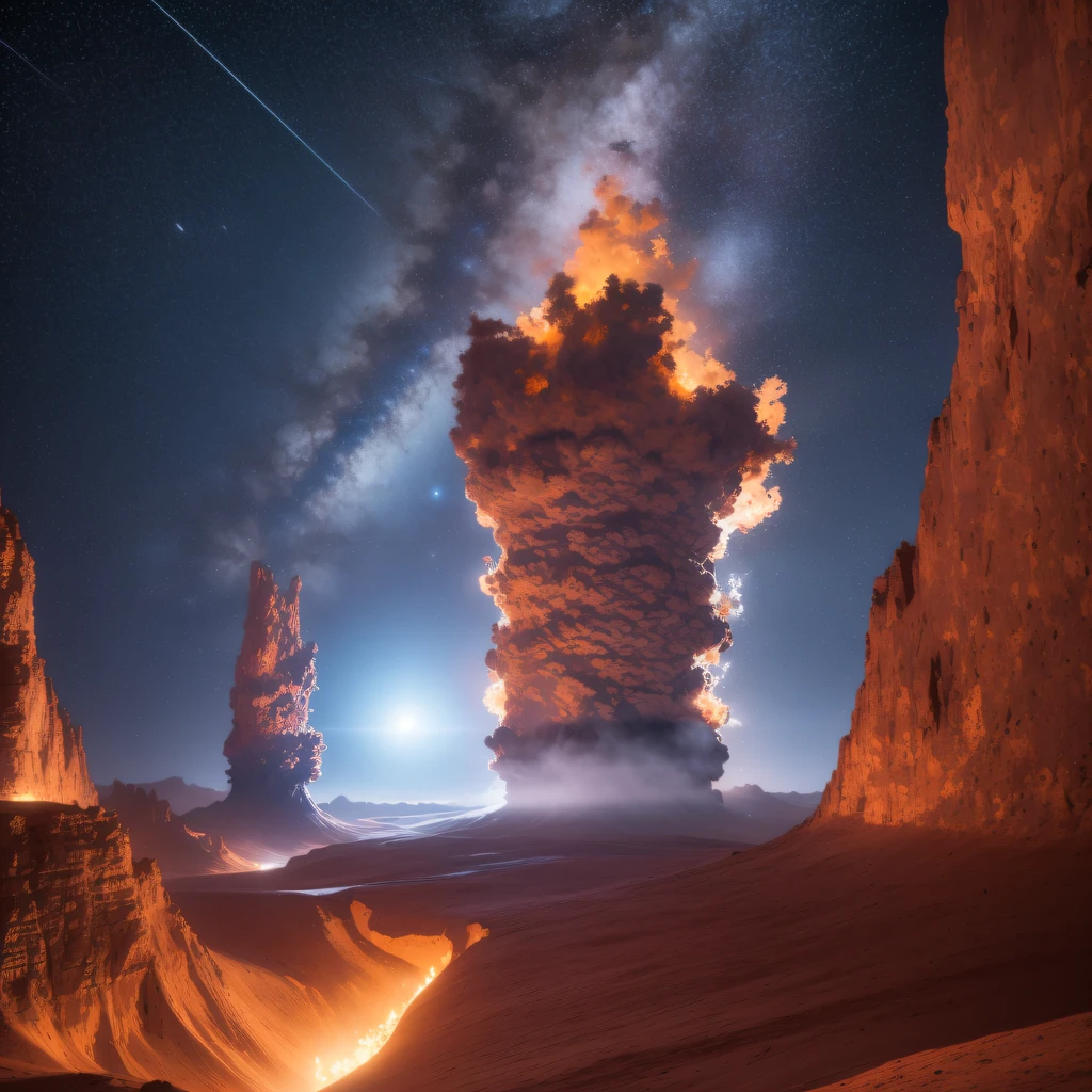 (((The spacesuit is broken)))The astronaut,Alien base (Very detailed) In the mountainous desert,There are several exhaust fans and chimneys, Some spotlights come out of the base to illuminate dark places, (Extreme nights), Some clouds in the night sky, Some of the surrounding planets provide air to unknown planets,The farthest giant volcano is erupting((The astronaut))(((The spacesuit is broken)))