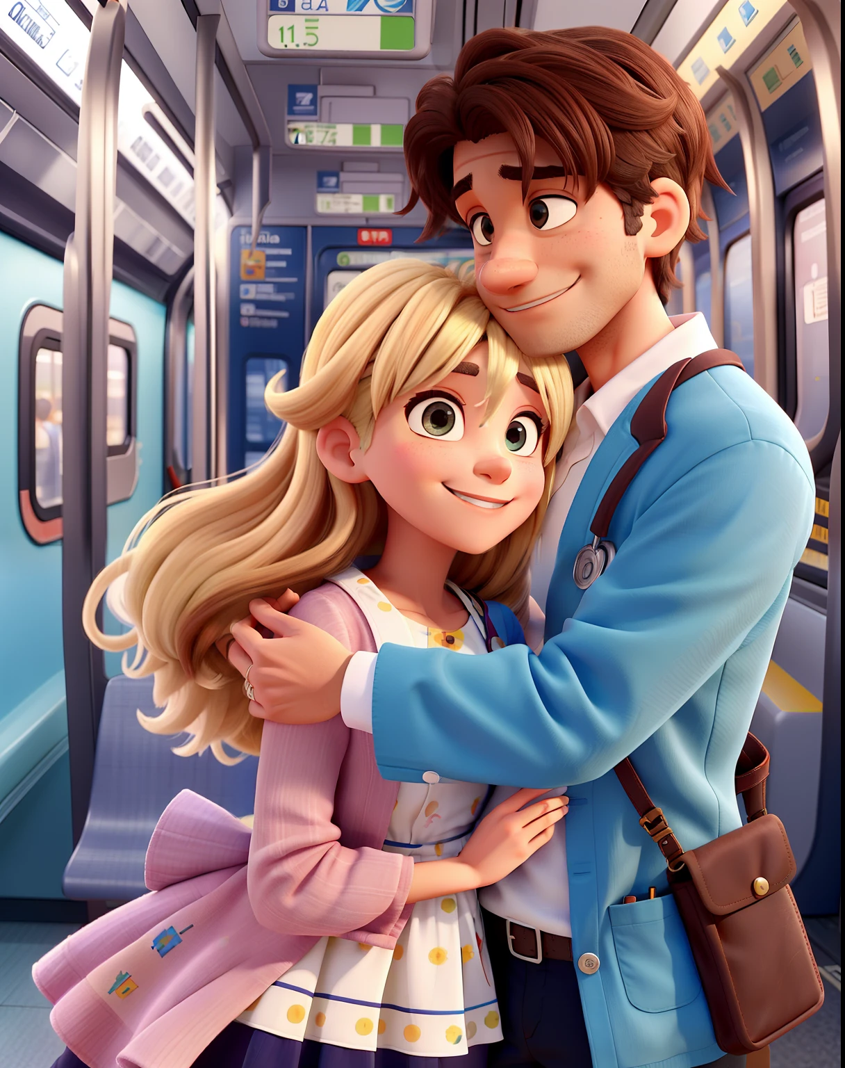 Um homem loiro com olhos azuis, um metro e oitenta de altura, sorridente vestido de fazendeiro, Yellowstone Series Style, Next to him, his wife hugging him dressed as a doctor, um metro e sessenta de altura, morena, olhos castanhos, cabelo liso.