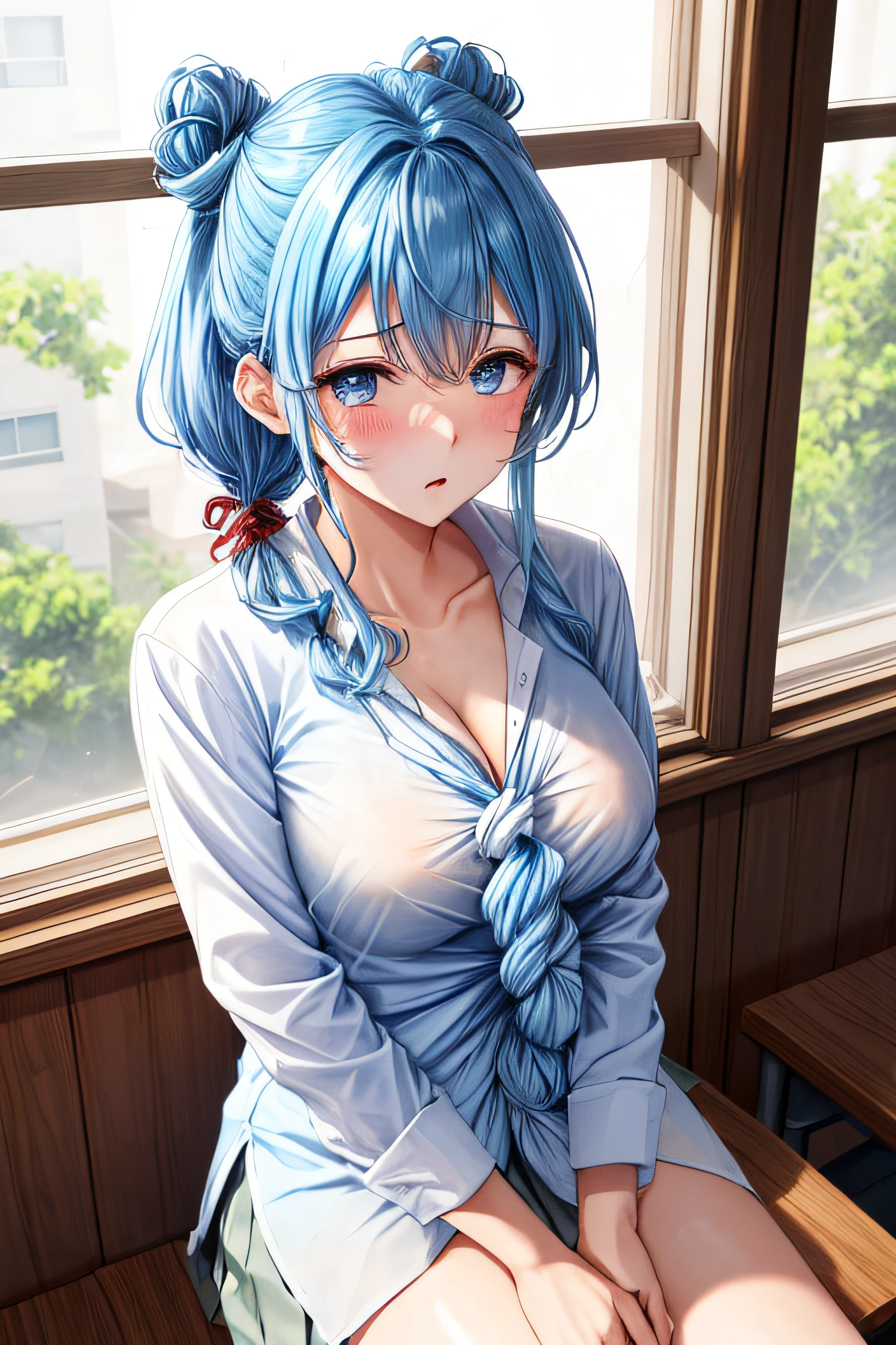 hi-school girl、、summer clothing、、be shy、Very cute、pony tail hairstyle、Brown hair、gals、Classroom、、I want to blush、Turning Pripan、Uniform takes off、Beaten by bumps、Get assaulted、Lynched、bleed、get angry, masterpiece, best quality, ultra-detailed, 1 girl, ganyurnd, light blue hair, long hair, medium breasts, (white shirt, knotted shirt:1.3), glass window, night, sitting,