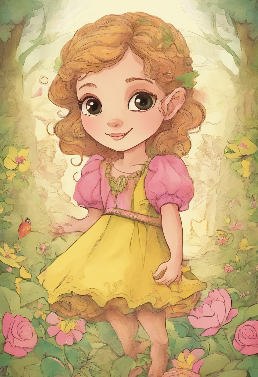 , 5 anos, com curiosos olhos verdes, cabelos loiros, Cores, Camisa de manga curta amarela estilo Disney e shorts rosa, no fundo cidade pequena, Being in a determined position to conquer the world