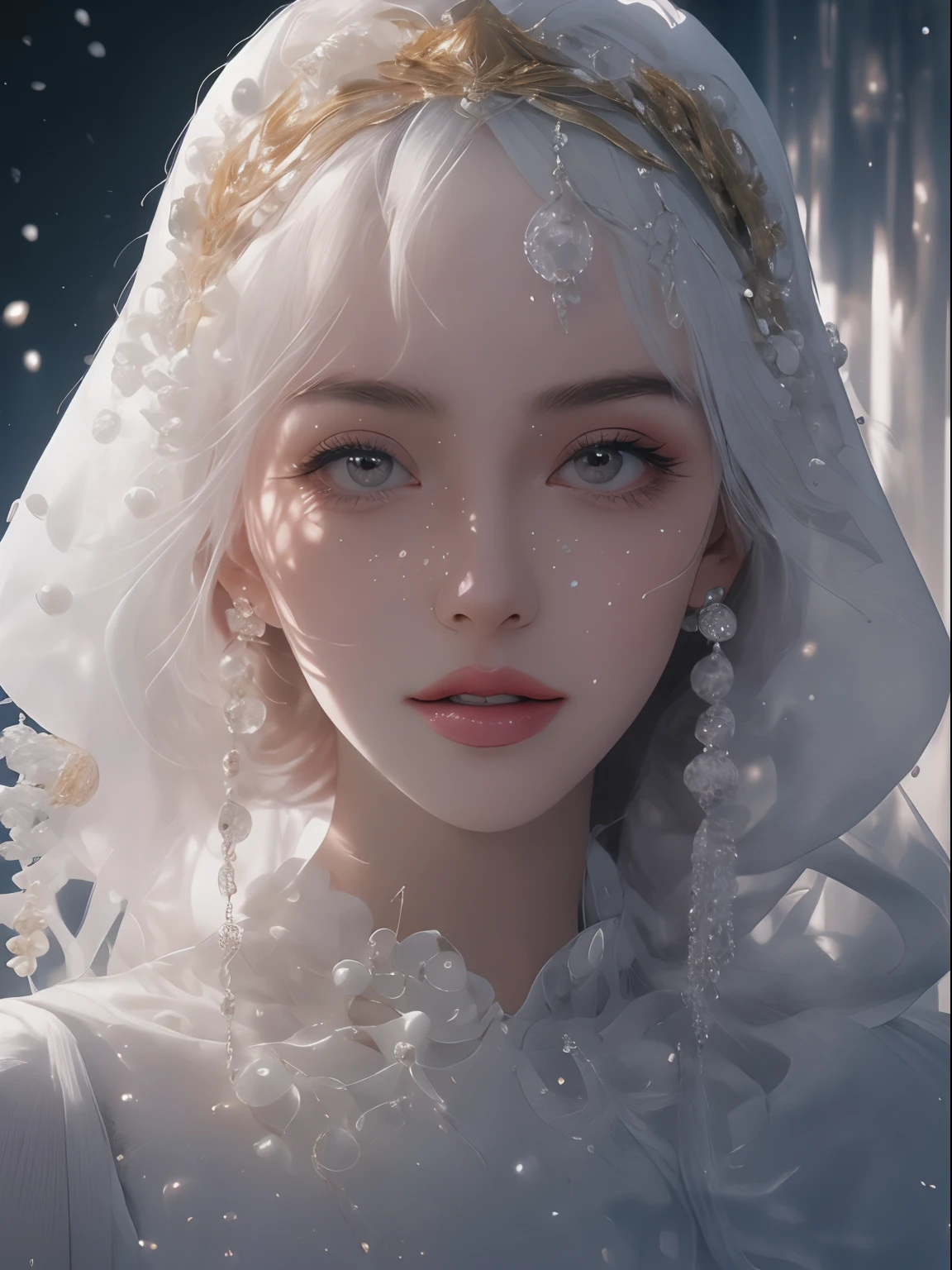 a close up of a woman wearing a white pearl veil and a gold head piece, stunning digital illustration, 4k highly detailed digital art, beautiful digital artwork, arabian beauty, beautiful digital illustration, 8k stunning artwork, 8k high quality detailed art, intricate wlop, detailed beauty portrait, arabian princess, detailed beautiful portrait, beautiful art uhd 4 k