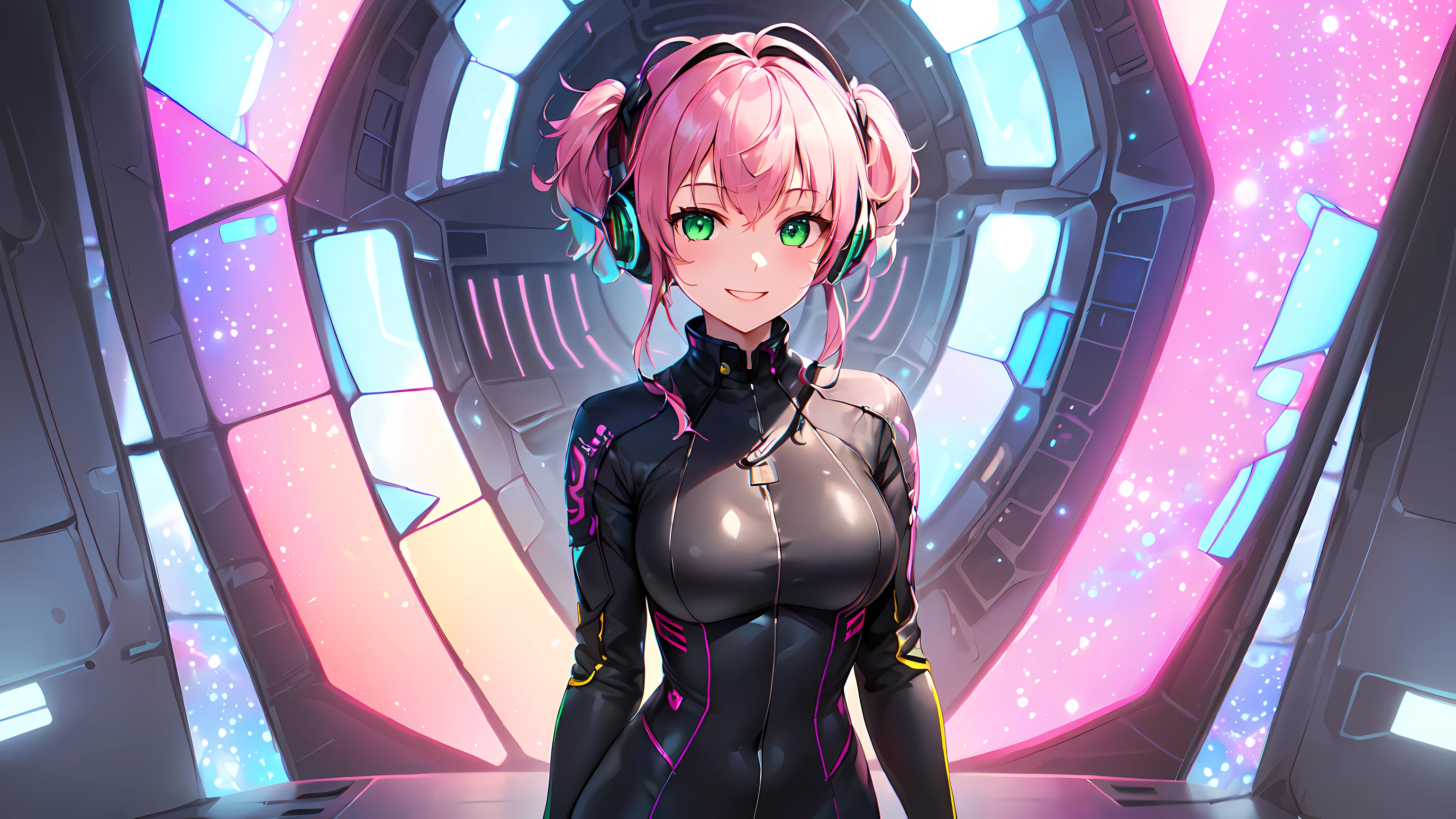 hd masterpiece, 1girl, ecchi girl ((20year old, dressed in a futuristic tight bodysuit, boots, medium breasts:1.2, multicolor pink hair, twin ponytails, perfect model body:1.4, detailed green eyes:1.7, flirting, happy, big smile, wearing headphones, inspired by Yuumei, looking at viewer, standing in a spaceship hangar:1.2, close up shot:1.3, windows showing a galaxy in the background:1.3, fun and exciting atmosphere:1.2)) ((solo:1.8)) ((galaxy and stars))